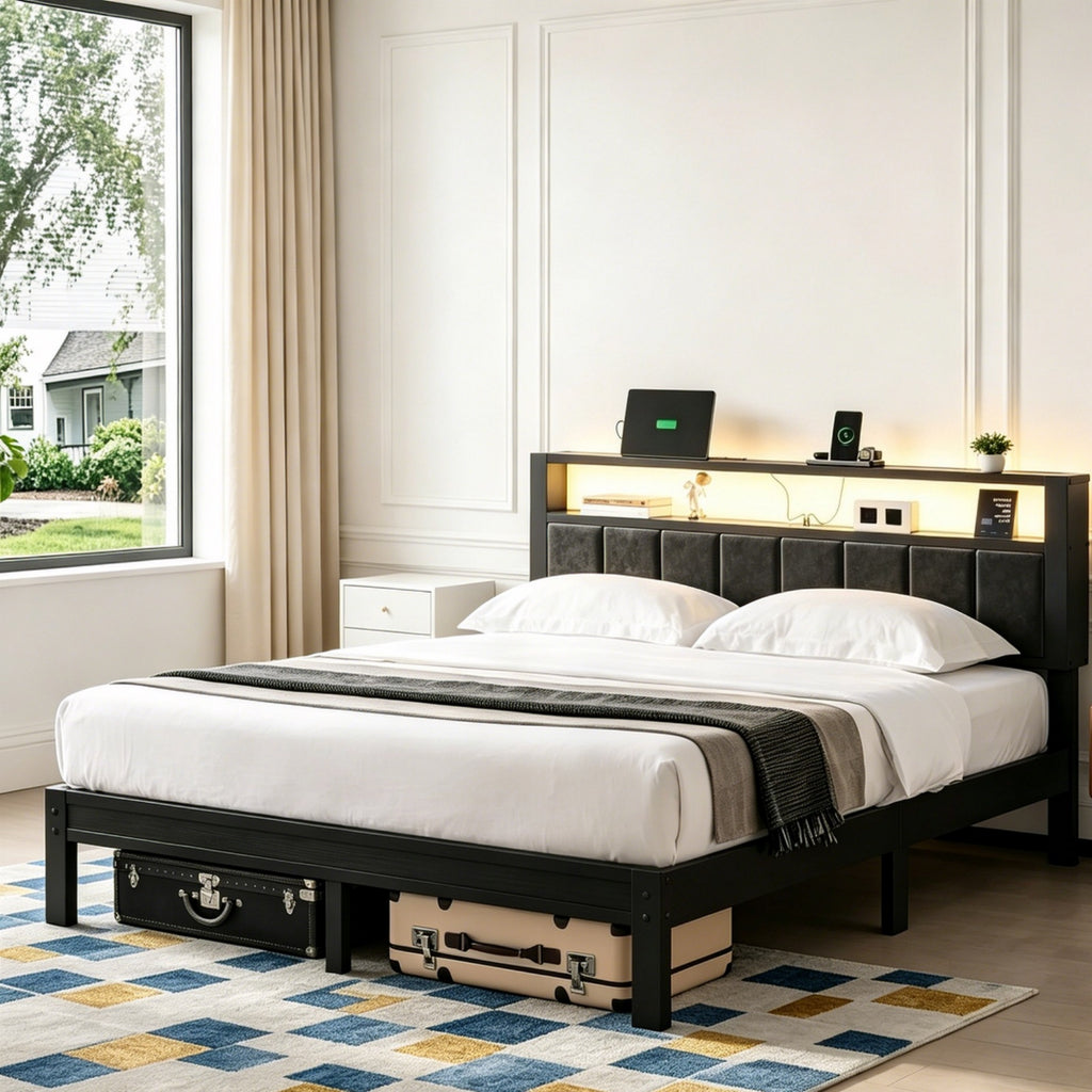Bexfil Full Size Bed Frame with LED Lights, Charging Station and Shelf Upholstered Headboard, Heavy Duty Metal Platform Bed, Noise Free, No Box Spring Needed, Black