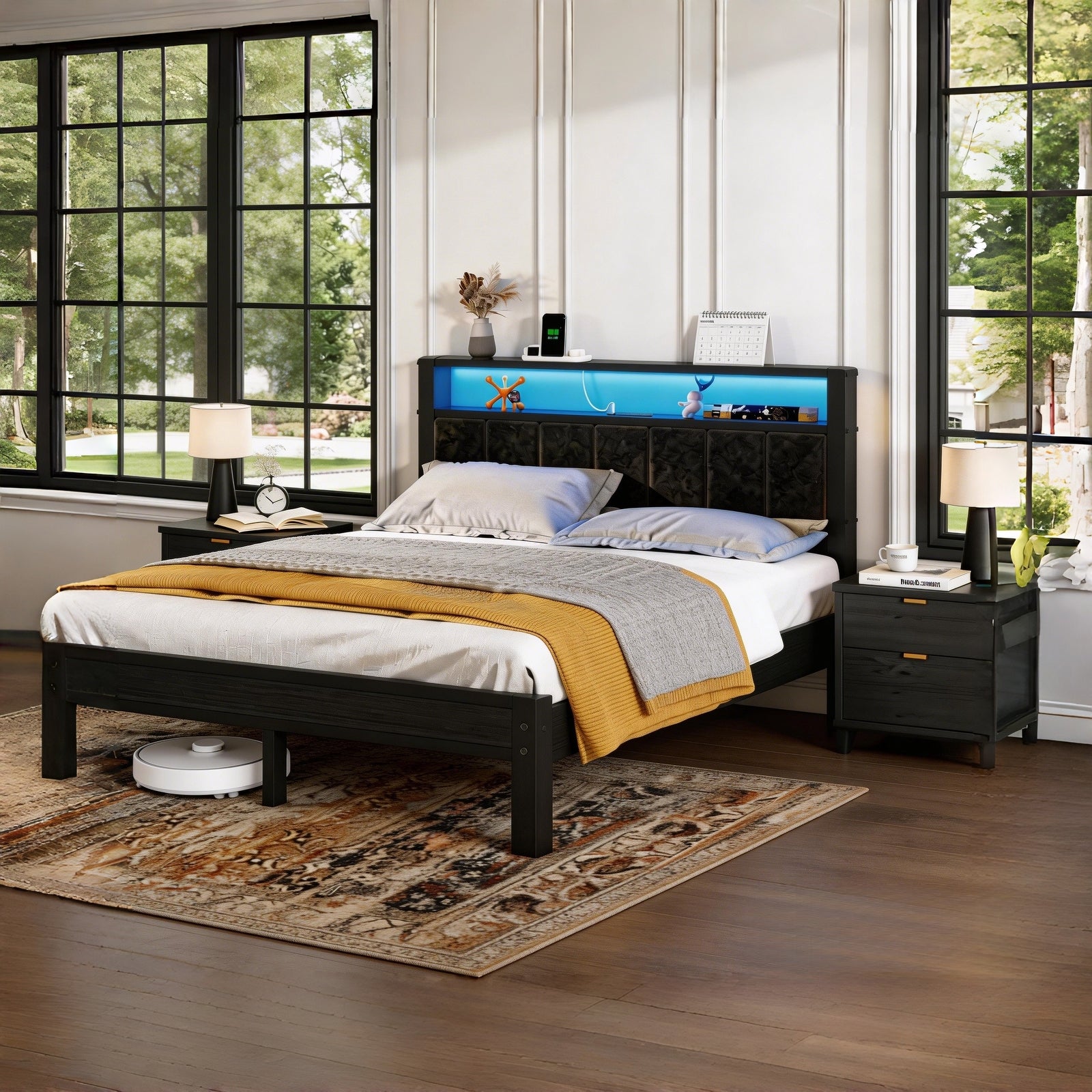 Dayago Upholstered Full Size Bed Frame with LED Lights Charging Station Shelf Headboard Heavy Duty Metal Platform Bed, Noise Free,Black