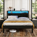 Dayago Upholstered Quenn Size Bed Frame with LED Lights Charging Station Shelf Headboard Heavy Duty Metal Platform Bed, Noise Free,Black