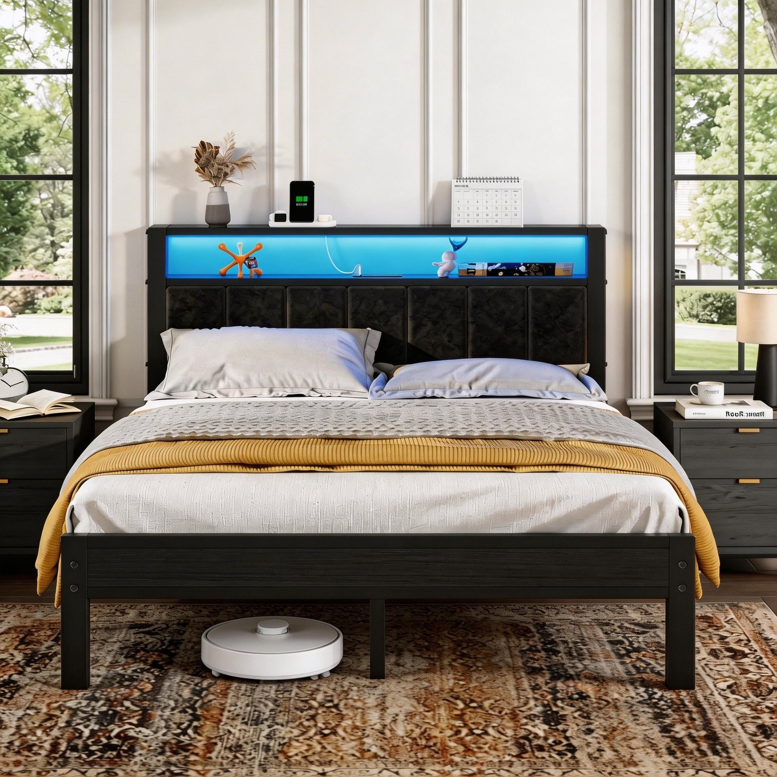 Dayago Upholstered Full Size Bed Frame with LED Lights Charging Station Shelf Headboard Heavy Duty Metal Platform Bed, Noise Free,Black