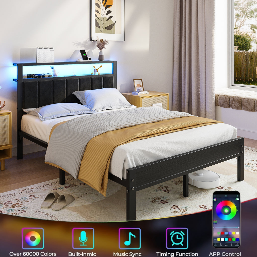 Bexfil Full Size Bed Frame with LED Lights, Charging Station and Shelf Upholstered Headboard, Heavy Duty Metal Platform Bed, Noise Free, No Box Spring Needed, Black