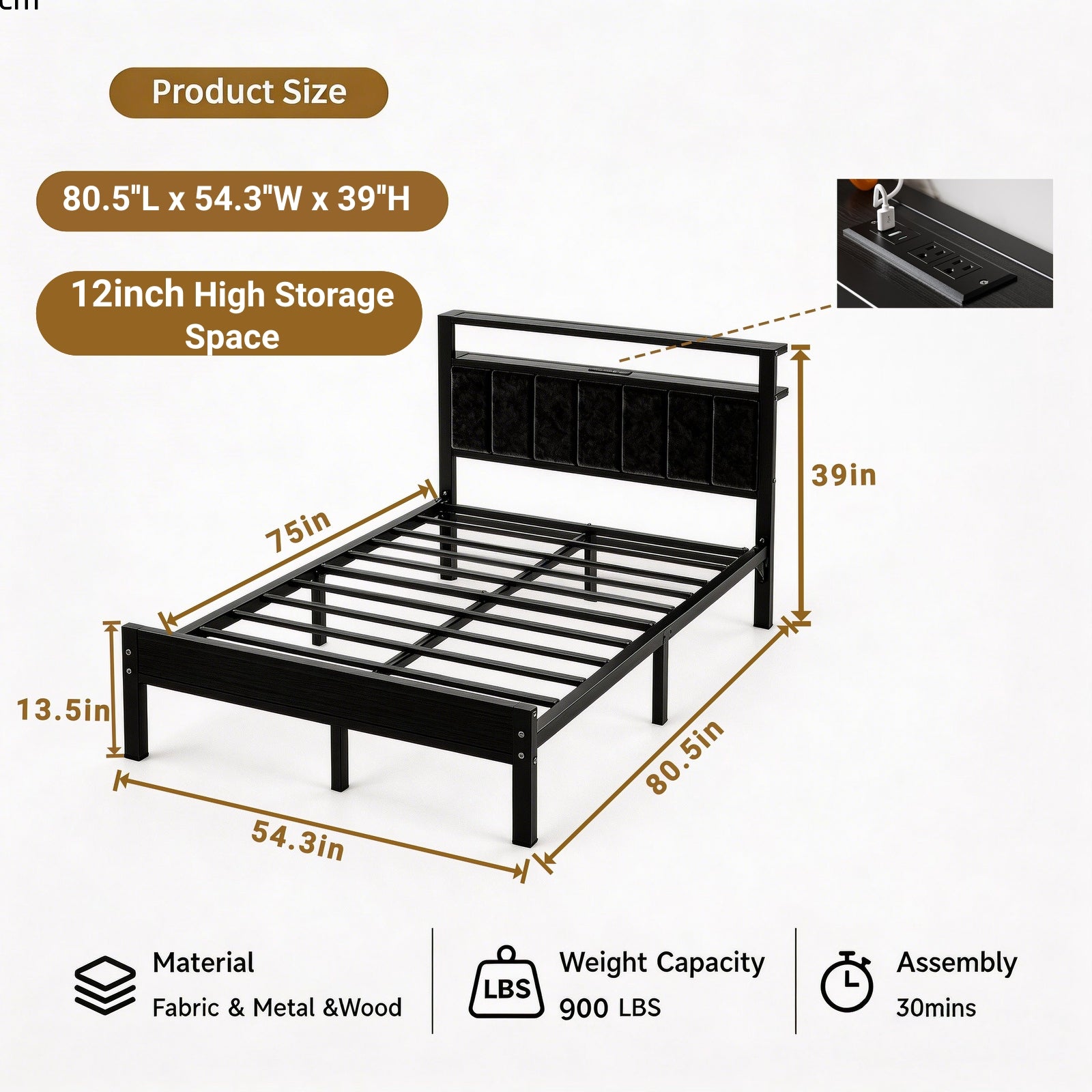 Dayago Upholstered Full Size Bed Frame with LED Lights Charging Station Shelf Headboard Heavy Duty Metal Platform Bed, Noise Free,Black