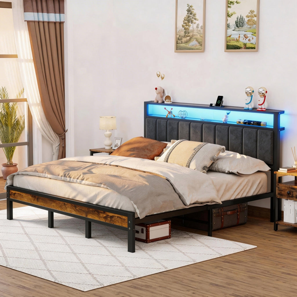 Dayago Upholstered King Size Bed Frame with LED Lights Charging Station Shelf Headboard Heavy Duty Metal Platform Bed, Noise Free,Brown