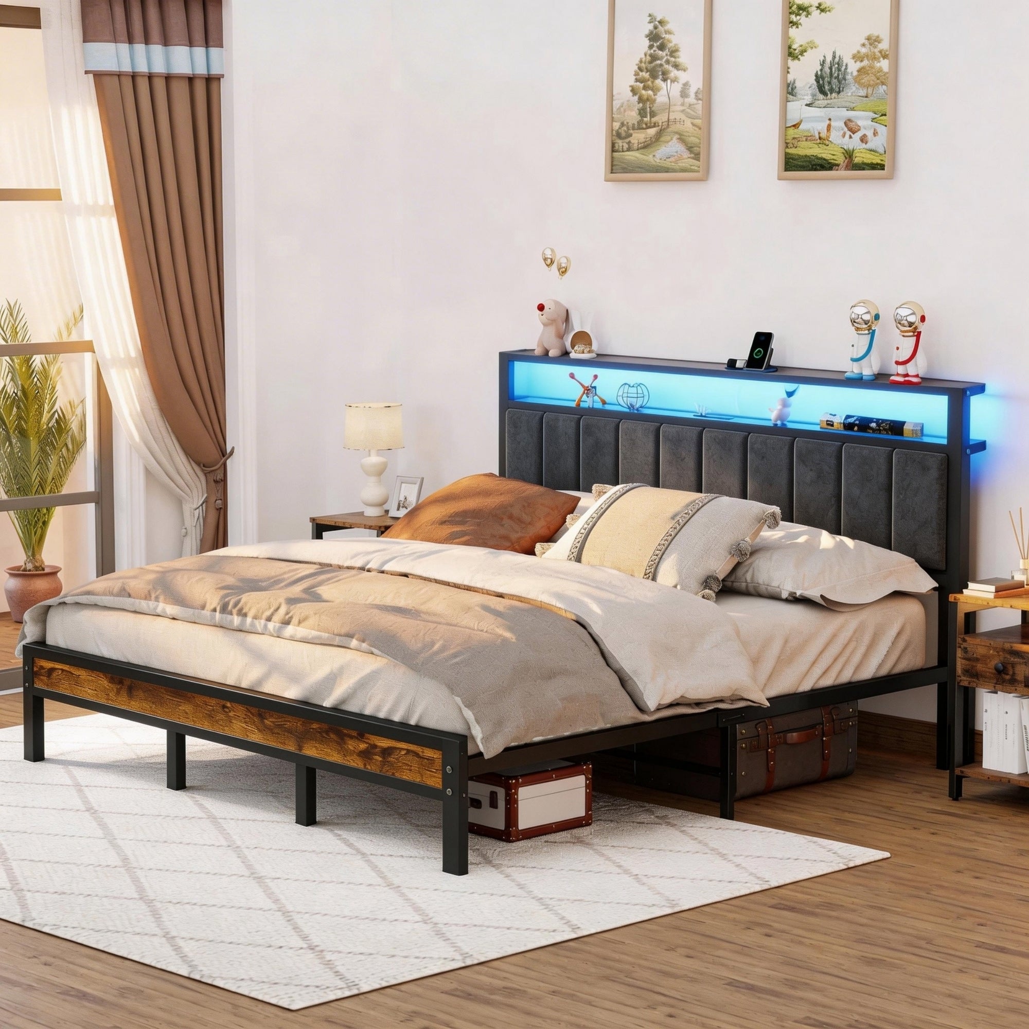 Dayago Upholstered King Size Bed Frame with LED Lights Charging Station Shelf Headboard Heavy Duty Metal Platform Bed, Noise Free,Brown