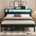 Bexfil King Size Bed Frame with LED Lights, Charging Station and Shelf Upholstered Headboard, Heavy Duty Metal Platform Bed, Noise Free, No Box Spring Needed, Black
