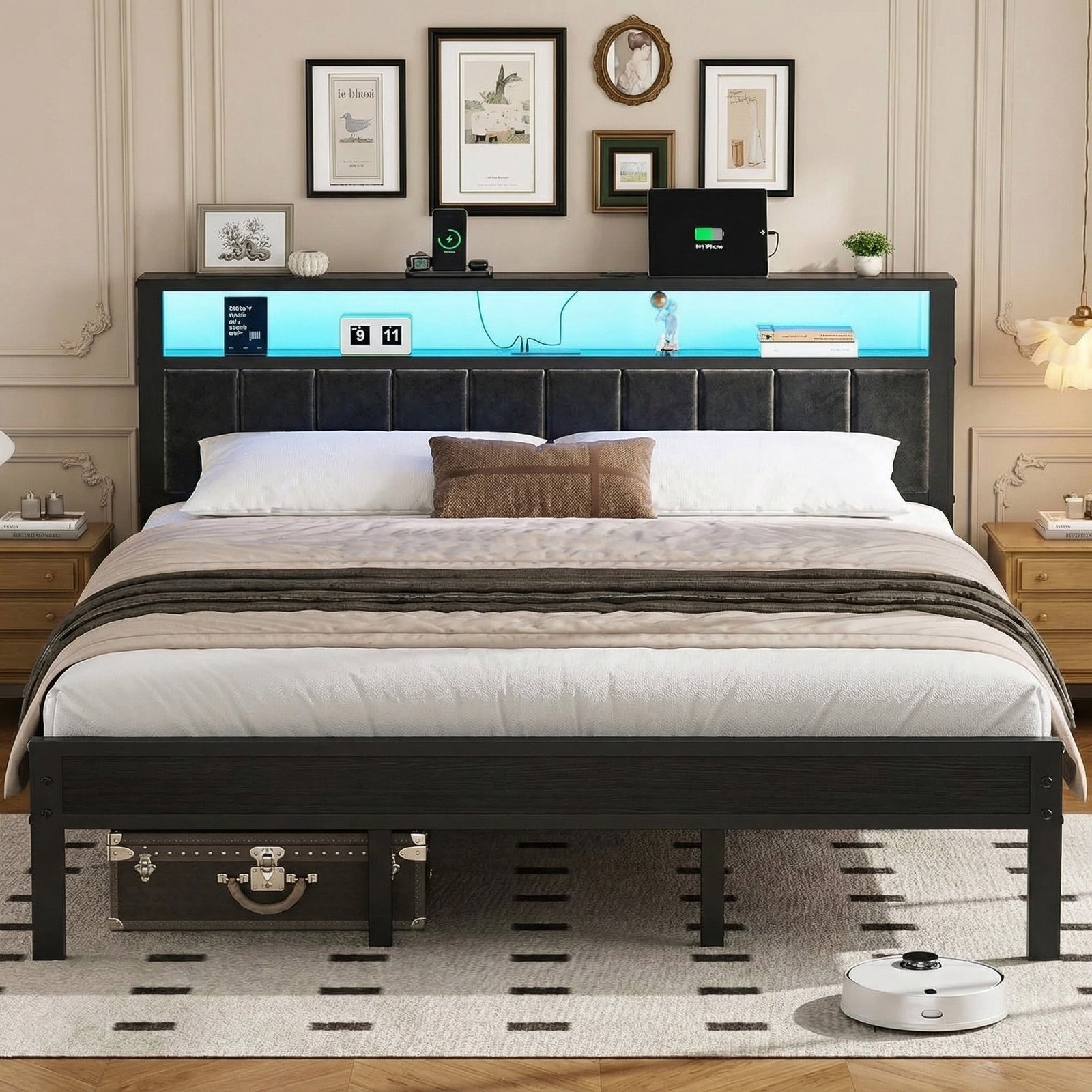 Bexfil King Size Bed Frame with LED Lights, Charging Station and Shelf Upholstered Headboard, Heavy Duty Metal Platform Bed, Noise Free, No Box Spring Needed, Black