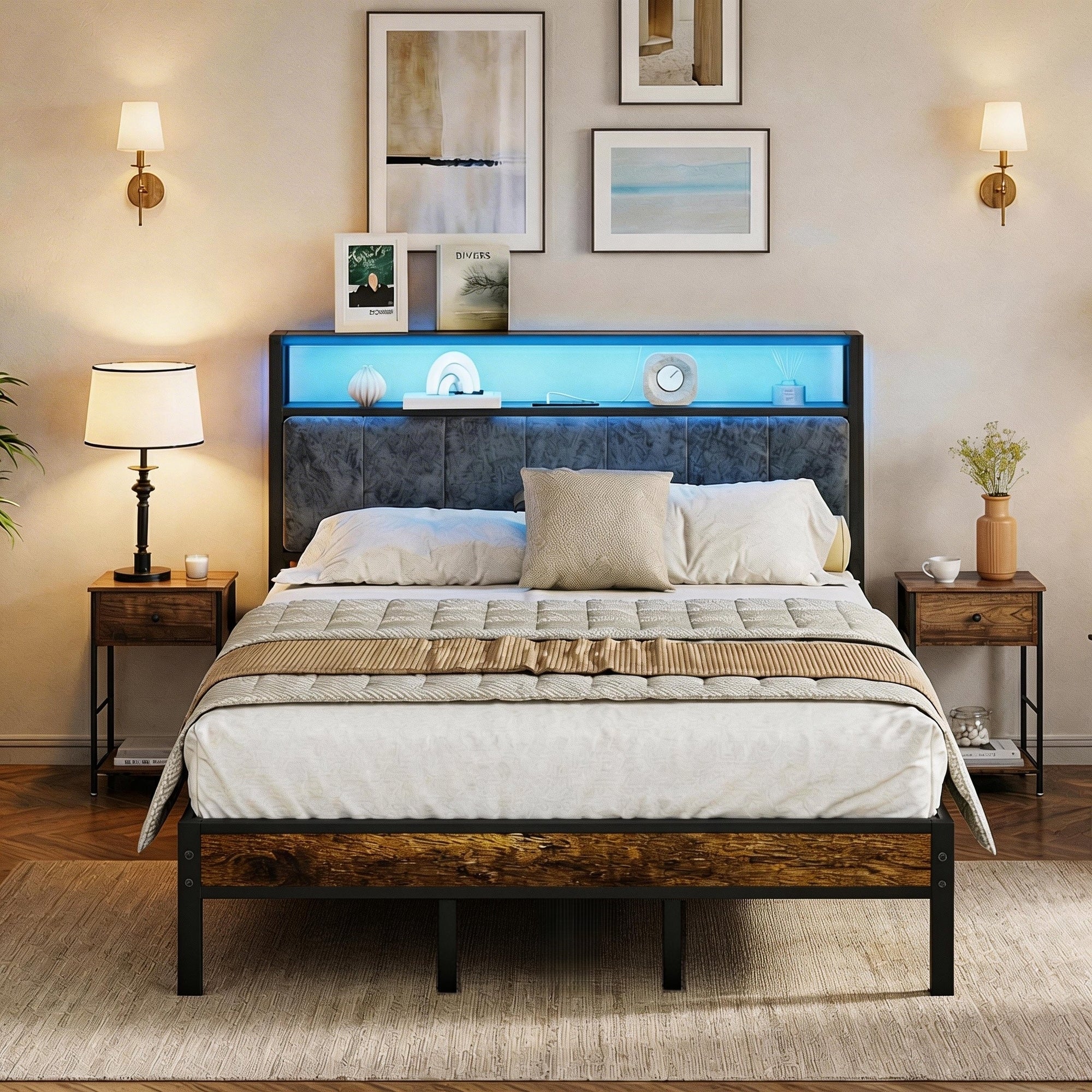 Dayago Upholstered King Size Bed Frame with LED Lights Charging Station Shelf Headboard Heavy Duty Metal Platform Bed, Noise Free,Brown