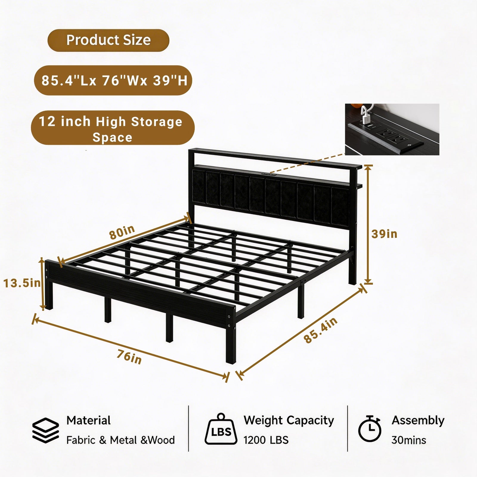 Dayago Upholstered King Size Bed Frame with LED Lights Charging Station Shelf Headboard Heavy Duty Metal Platform Bed, Noise Free,Black