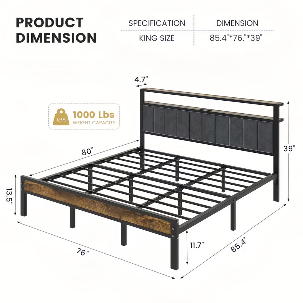 Dayago Upholstered King Size Bed Frame with LED Lights Charging Station Shelf Headboard Heavy Duty Metal Platform Bed, Noise Free,Brown