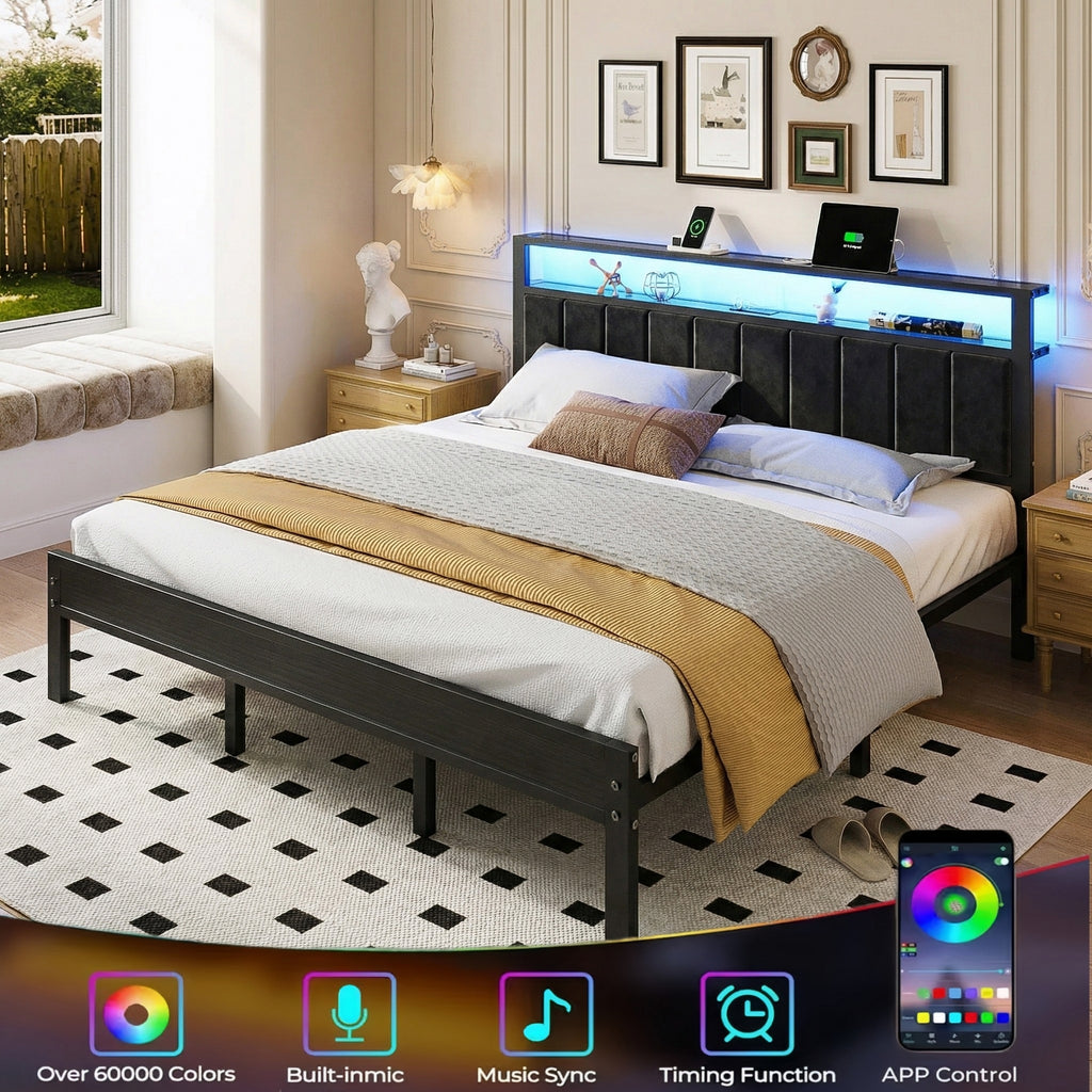 Bexfil King Size Bed Frame with LED Lights, Charging Station and Shelf Upholstered Headboard, Heavy Duty Metal Platform Bed, Noise Free, No Box Spring Needed, Black
