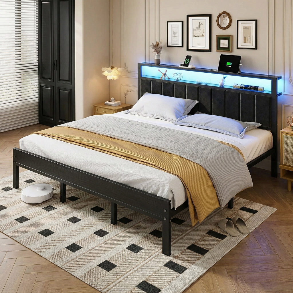 Bexfil King Size Bed Frame with LED Lights, Charging Station and Shelf Upholstered Headboard, Heavy Duty Metal Platform Bed, Noise Free, No Box Spring Needed, Black