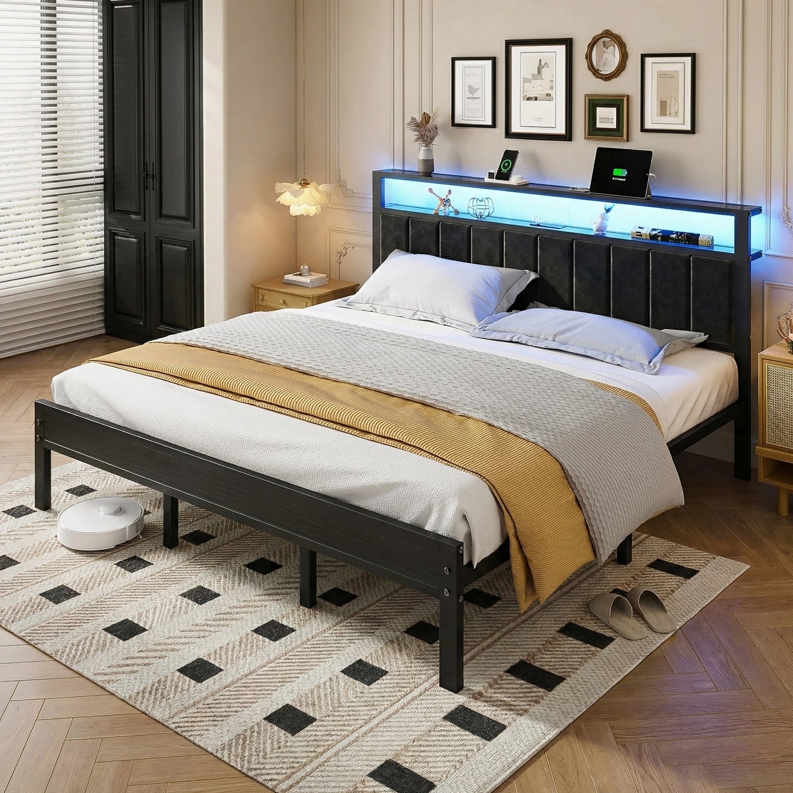 Bexfil King Size Bed Frame with LED Lights, Charging Station and Shelf Upholstered Headboard, Heavy Duty Metal Platform Bed, Noise Free, No Box Spring Needed, Black