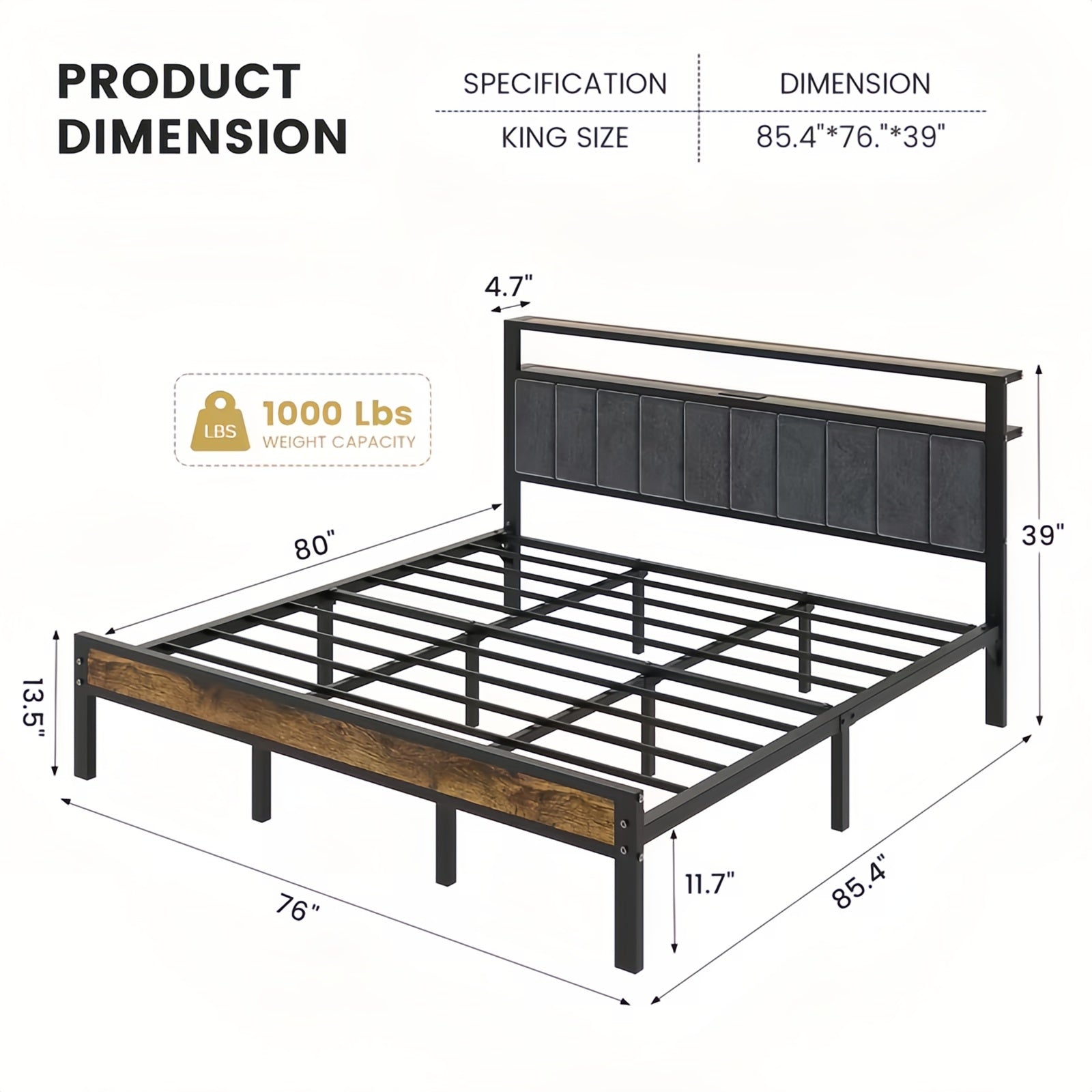 Kbun King Size Bed Frame with Headboard Storage Metal Platform Bed with Charging Station, Upholstered Tufted Storage Headboard,Noise-Free, No Box Spring Needed, Easy Assembly, Rustic