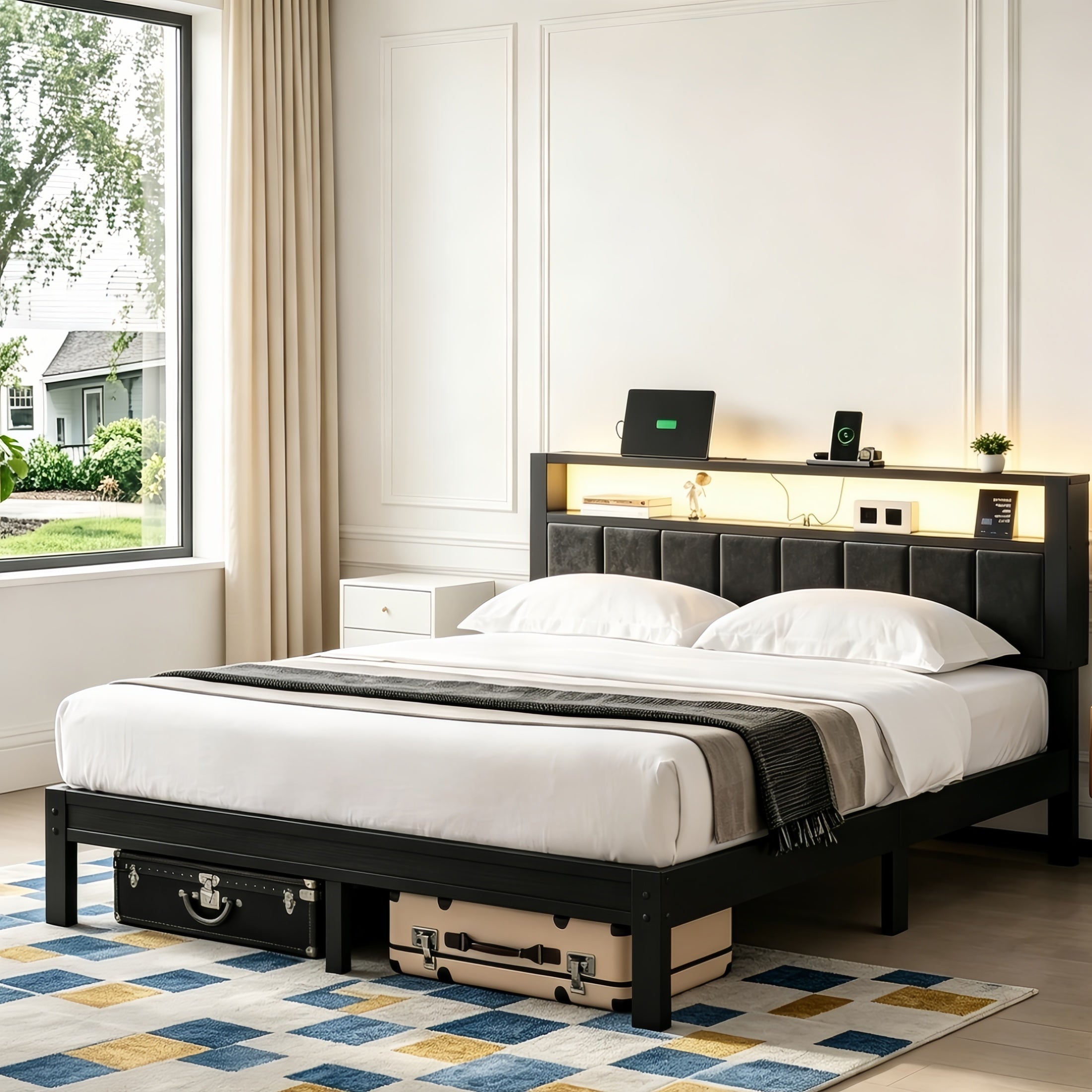 Bexfil Quenn Size Bed Frame with LED Lights, Charging Station and Shelf Upholstered Headboard, Heavy Duty Metal Platform Bed, Noise Free, No Box Spring Needed, Black