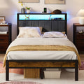 Dayago Upholstered Queen Size Bed Frame with LED Lights Charging Station Shelf Headboard Heavy Duty Metal Platform Bed, Noise Free,Brown