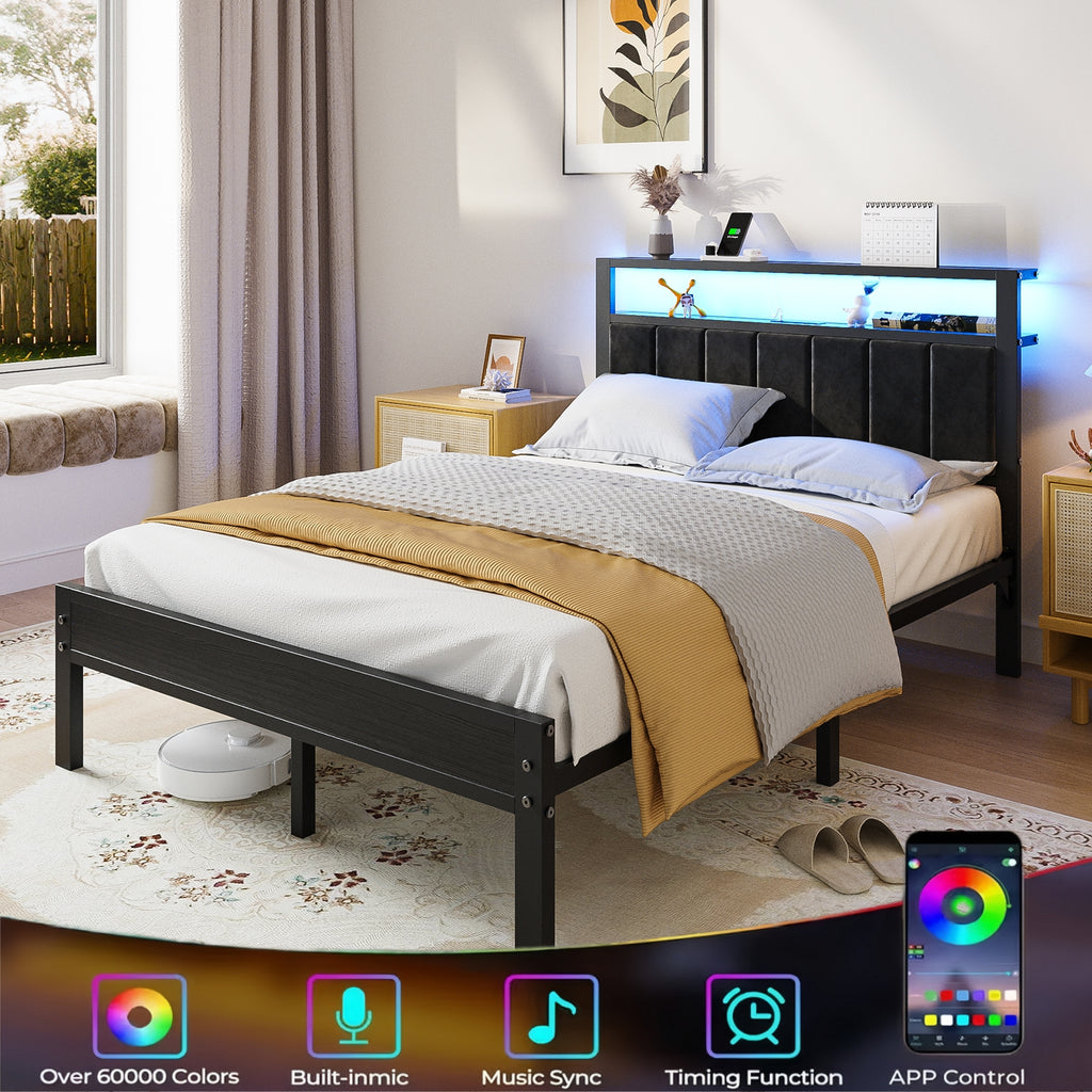 Bexfil Quenn Size Bed Frame with LED Lights, Charging Station and Shelf Upholstered Headboard, Heavy Duty Metal Platform Bed, Noise Free, No Box Spring Needed, Black