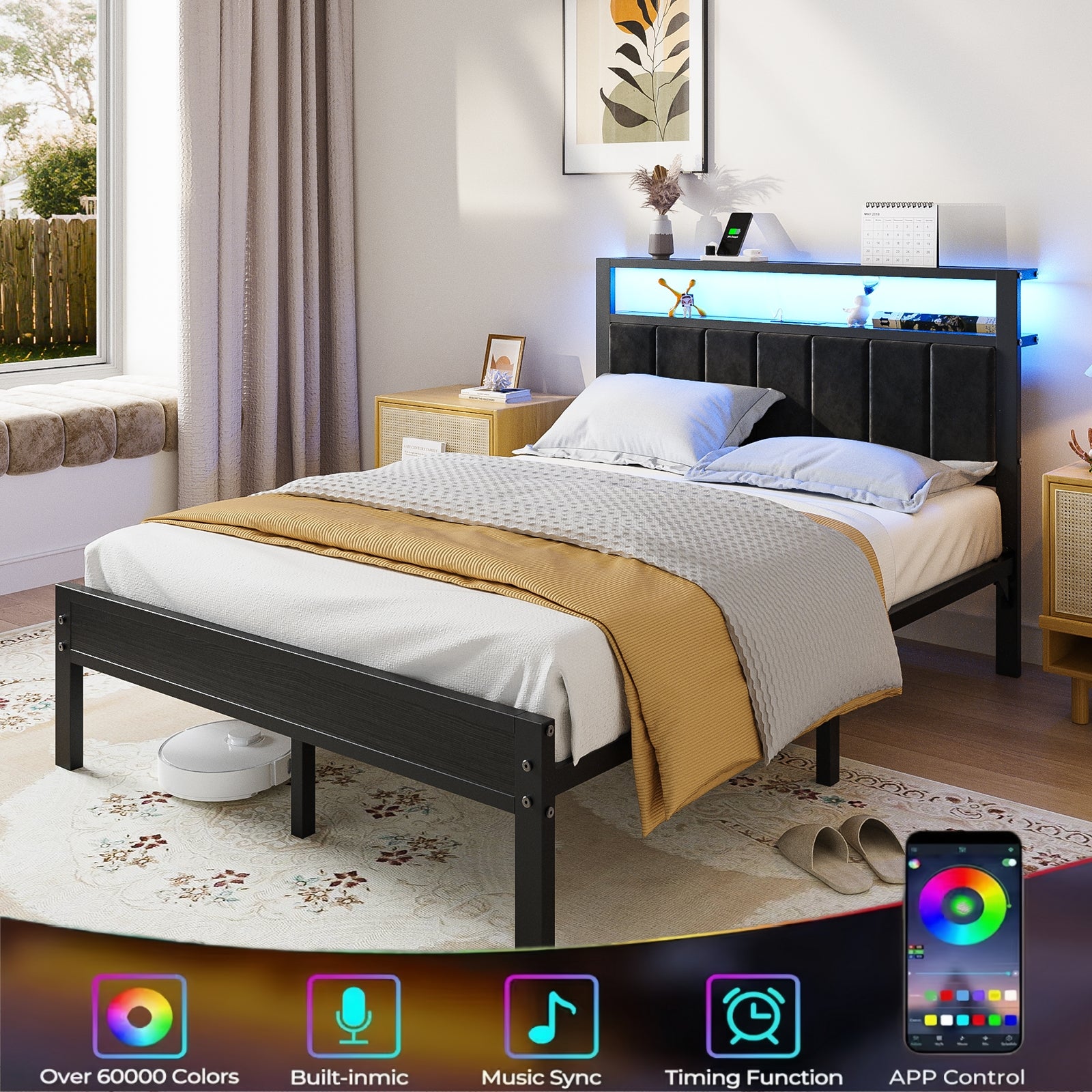 Bexfil Quenn Size Bed Frame with LED Lights, Charging Station and Shelf Upholstered Headboard, Heavy Duty Metal Platform Bed, Noise Free, No Box Spring Needed, Black
