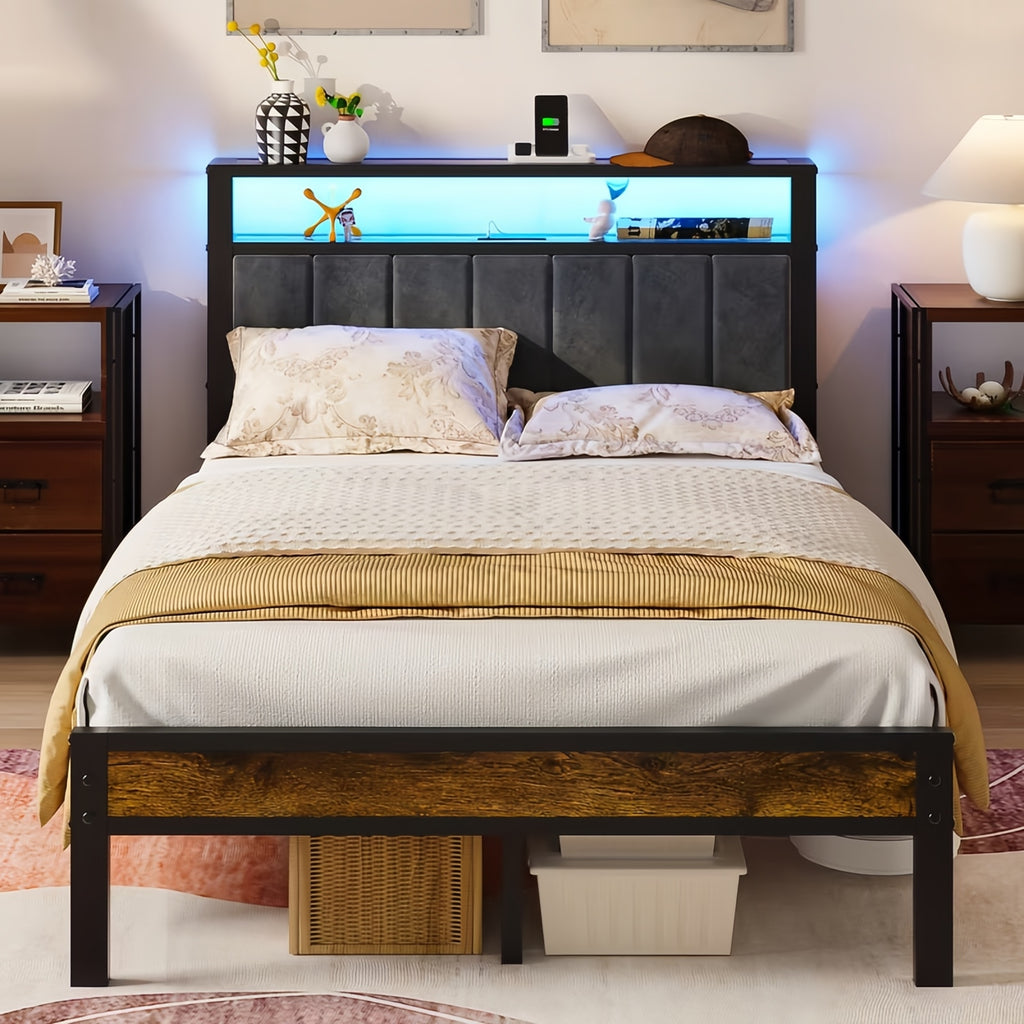 Kbun Full Size Bed Frame with Headboard Storage Metal Platform Bed with Charging Station, Upholstered Tufted Storage Headboard,Noise-Free, No Box Spring Needed, Easy Assembly, Rustic