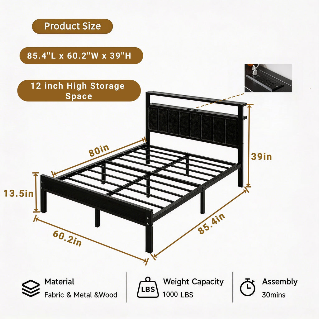Bexfil Quenn Size Bed Frame with LED Lights, Charging Station and Shelf Upholstered Headboard, Heavy Duty Metal Platform Bed, Noise Free, No Box Spring Needed, Black