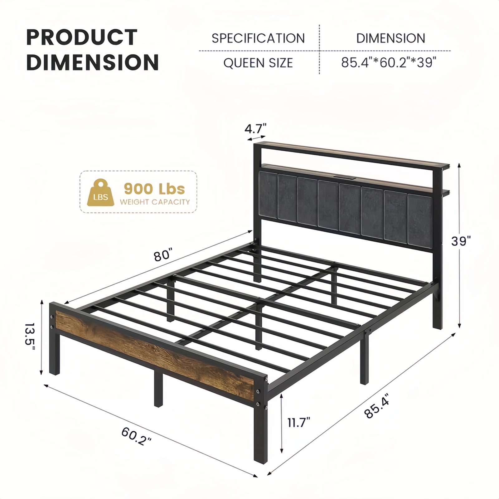 Dayago Upholstered Queen Size Bed Frame with LED Lights Charging Station Shelf Headboard Heavy Duty Metal Platform Bed, Noise Free,Brown