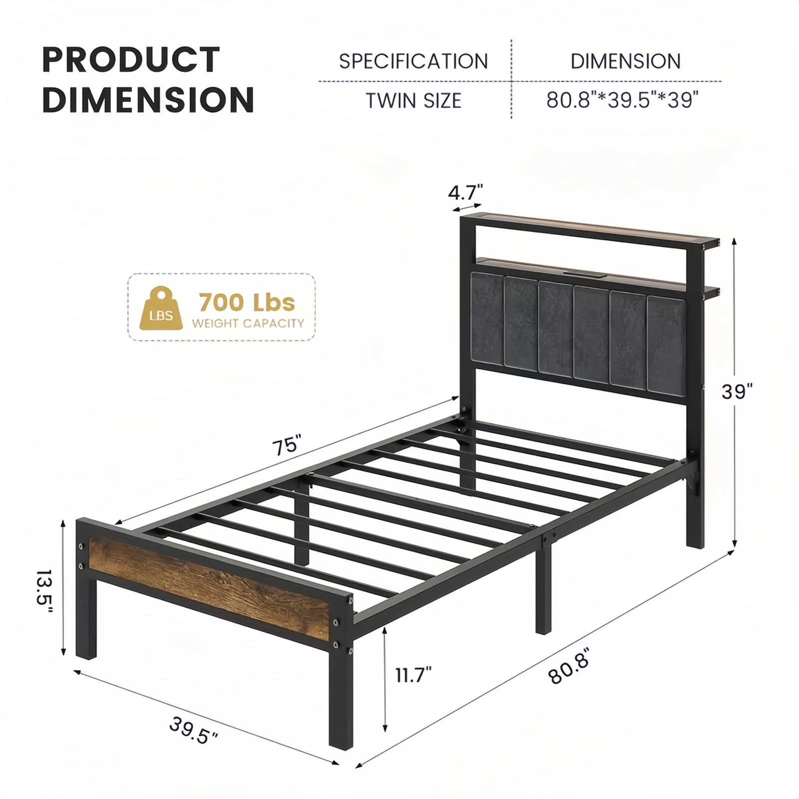 Dayago Upholstered Twin Size Bed Frame with LED Lights Charging Station Shelf Headboard Heavy Duty Metal Platform Bed, Noise Free,Brwon