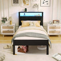 Bexfil Twin Size Bed Frame with LED Lights, Charging Station and Shelf Upholstered Headboard, Heavy Duty Metal Platform Bed, Noise Free, No Box Spring Needed Black