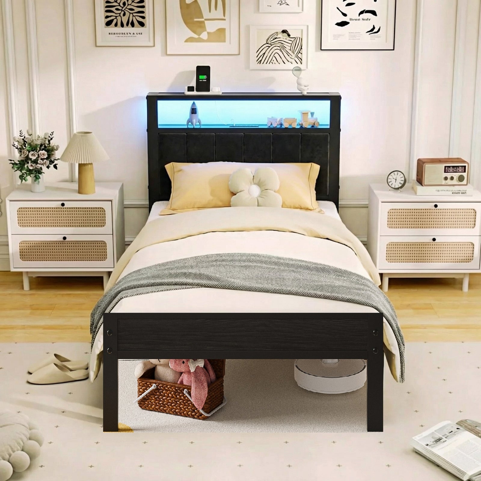 Bexfil Twin Size Bed Frame with LED Lights, Charging Station and Shelf Upholstered Headboard, Heavy Duty Metal Platform Bed, Noise Free, No Box Spring Needed Black