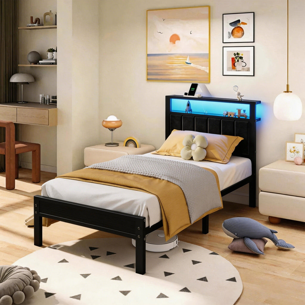 Bexfil Twin Size Bed Frame with LED Lights, Charging Station and Shelf Upholstered Headboard, Heavy Duty Metal Platform Bed, Noise Free, No Box Spring Needed Black