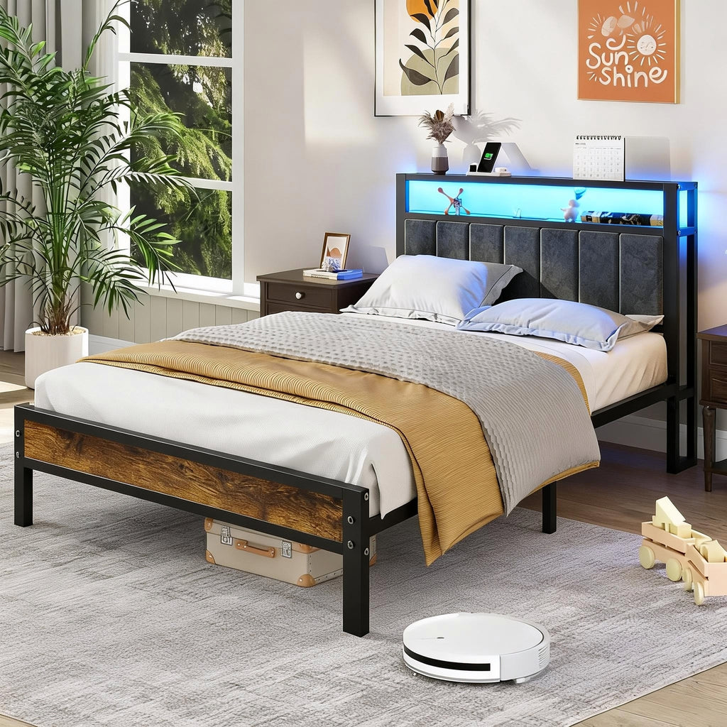 Dayago Upholstered Twin Size Bed Frame with LED Lights Charging Station Shelf Headboard Heavy Duty Metal Platform Bed, Noise Free,Brwon