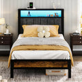 Kbun Twin Size Bed Frame with Headboard Storage Metal Platform Bed with Charging Station, Upholstered Tufted Storage Headboard,Noise-Free, No Box Spring Needed, Easy Assembly, Rustic