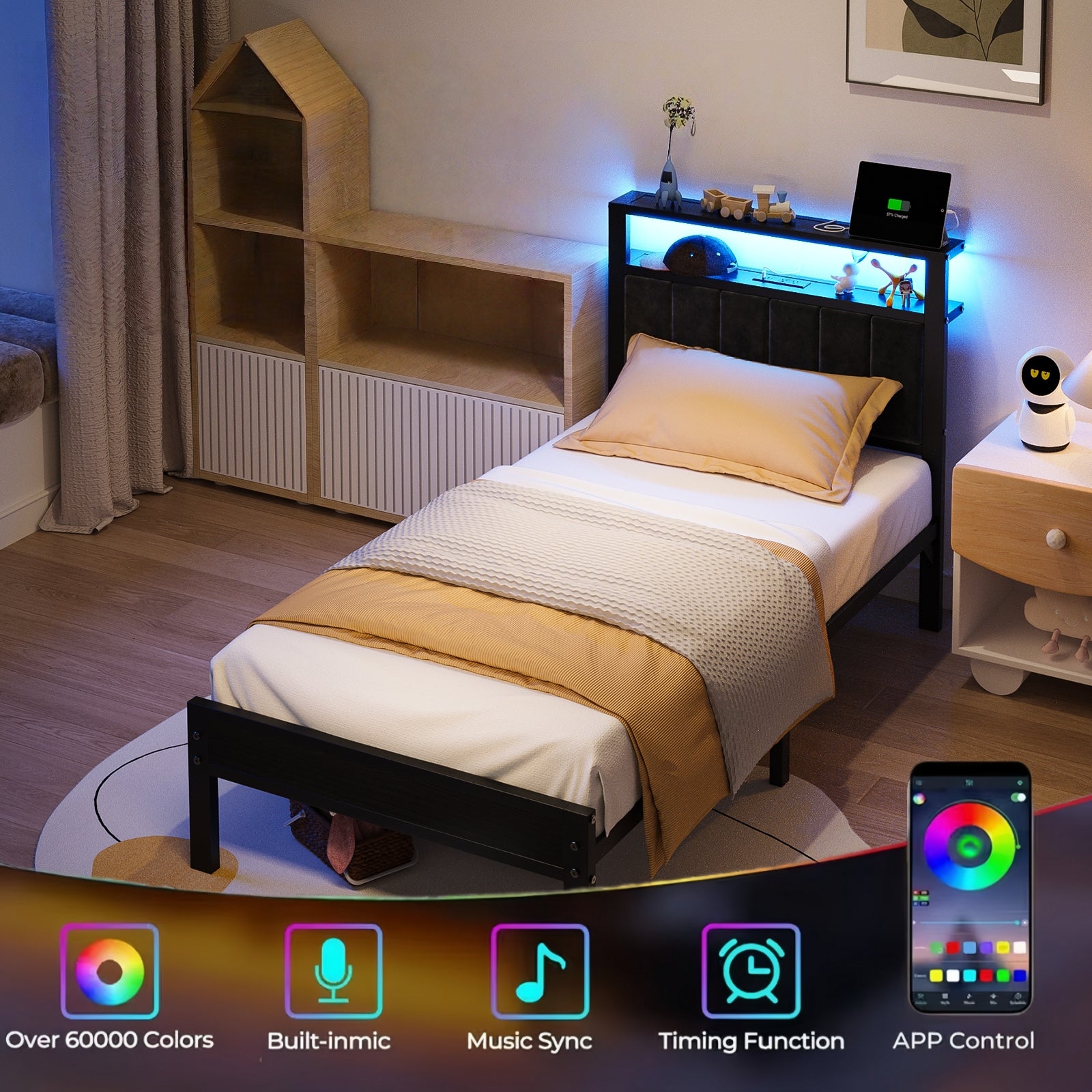 Bexfil Twin Size Bed Frame with LED Lights, Charging Station and Shelf Upholstered Headboard, Heavy Duty Metal Platform Bed, Noise Free, No Box Spring Needed Black