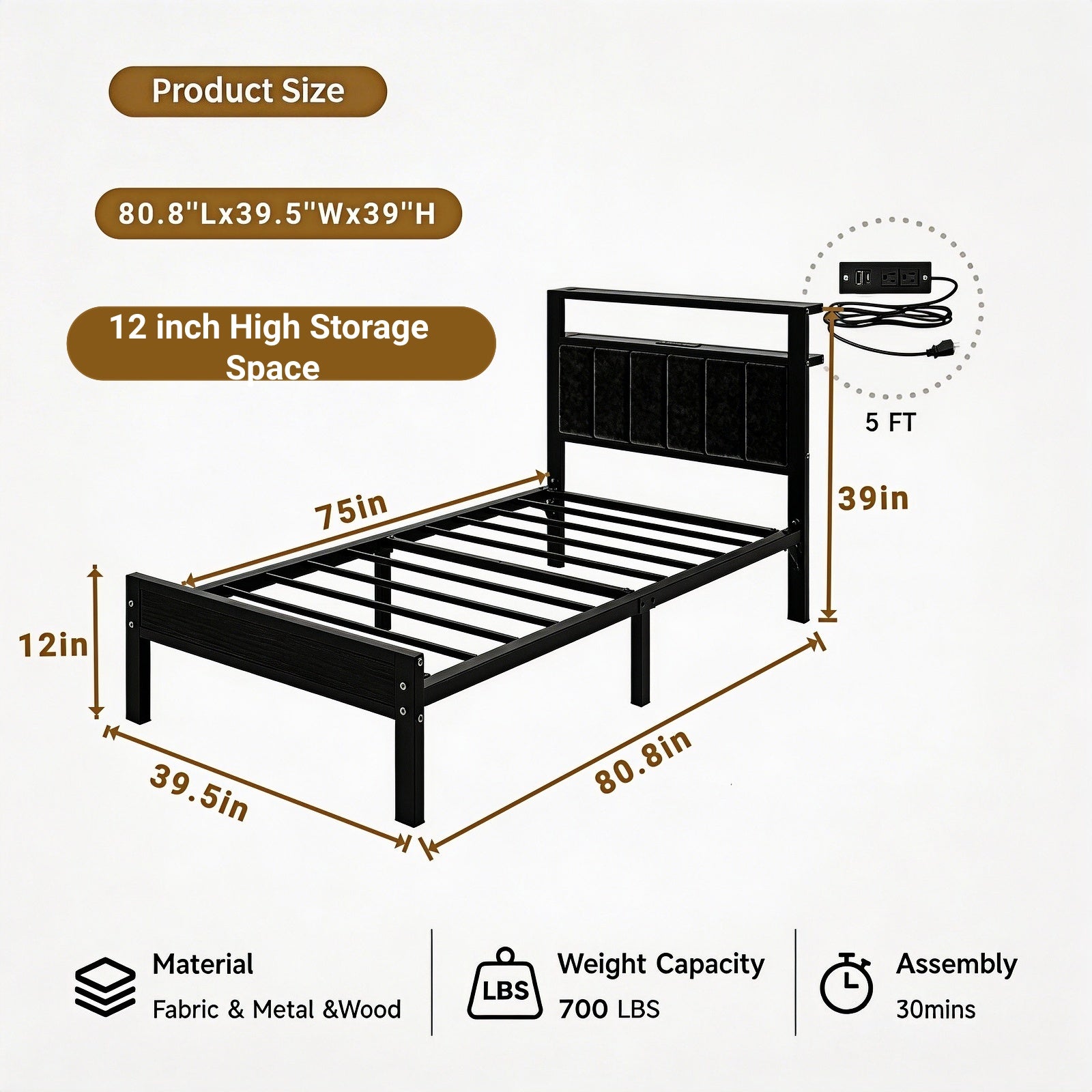 Bexfil Twin Size Bed Frame with LED Lights, Charging Station and Shelf Upholstered Headboard, Heavy Duty Metal Platform Bed, Noise Free, No Box Spring Needed Black