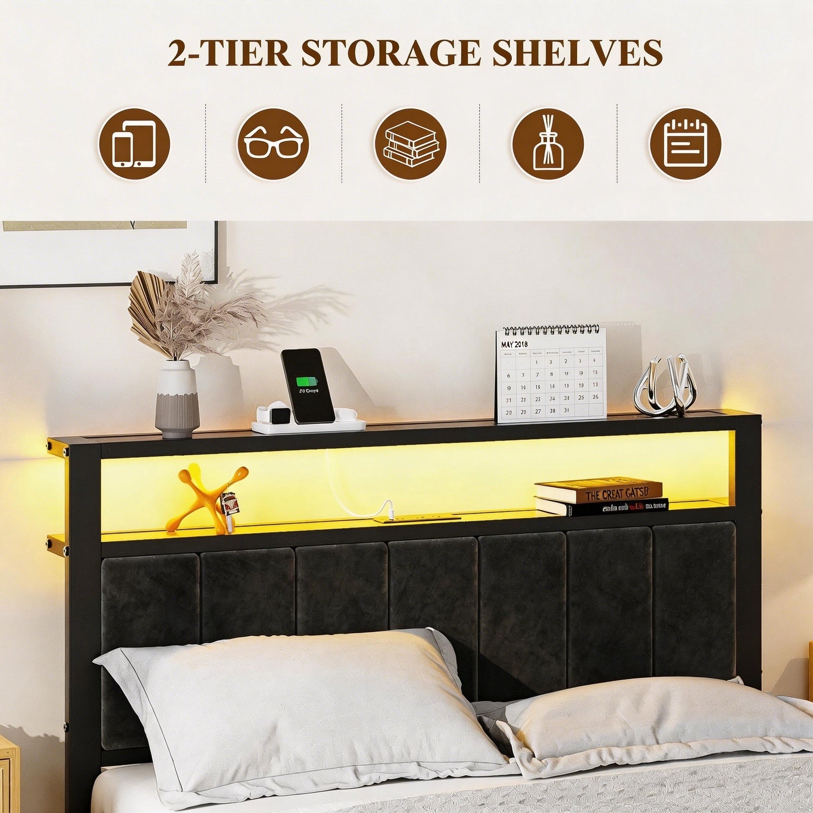 Dayago Upholstered Quenn Size Bed Frame with LED Lights Charging Station Shelf Headboard Heavy Duty Metal Platform Bed, Noise Free,Black
