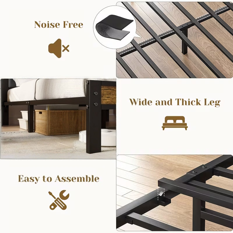Dayago Upholstered Full Size Bed Frame with LED Lights Charging Station Shelf Headboard Heavy Duty Metal Platform Bed, Noise Free,Brown