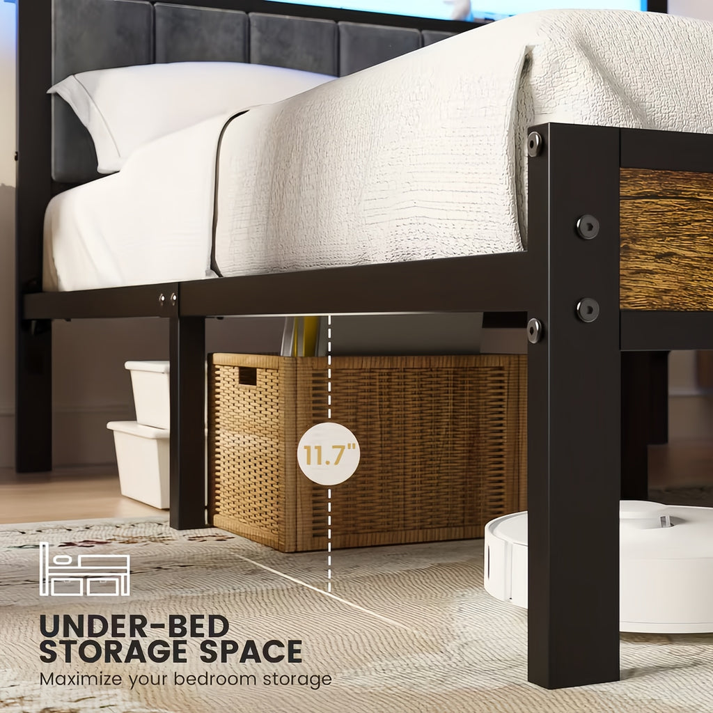 Kbun Full Size Bed Frame with Headboard Storage Metal Platform Bed with Charging Station, Upholstered Tufted Storage Headboard,Noise-Free, No Box Spring Needed, Easy Assembly, Rustic
