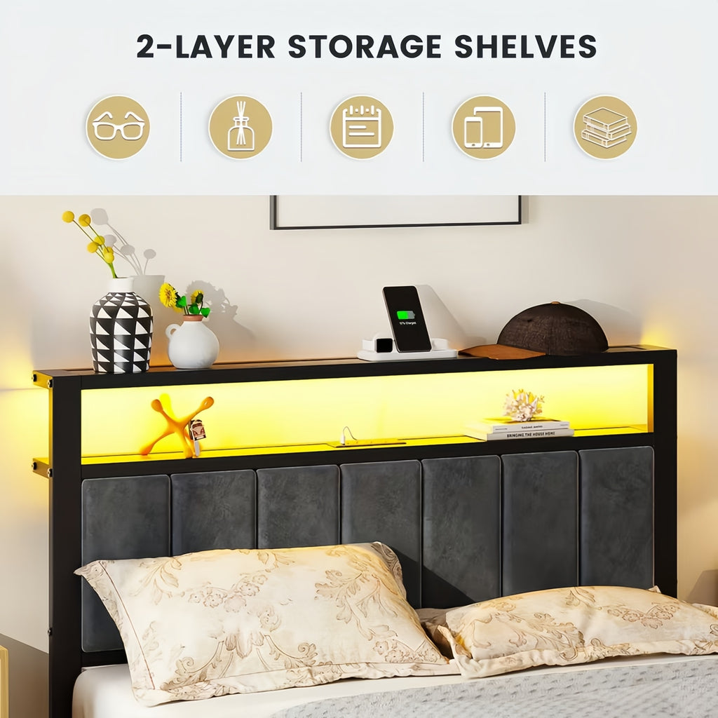 Dayago Upholstered King Size Bed Frame with LED Lights Charging Station Shelf Headboard Heavy Duty Metal Platform Bed, Noise Free,Brown