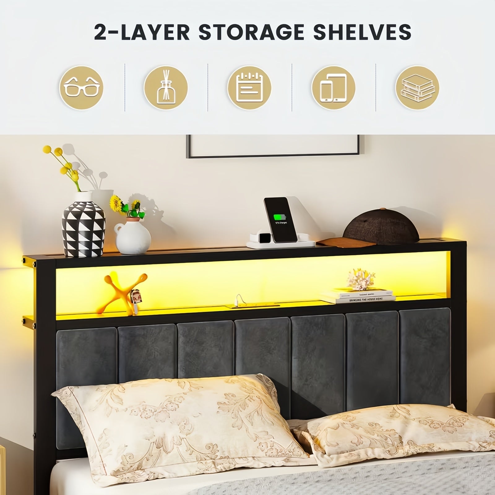Dayago Upholstered Queen Size Bed Frame with LED Lights Charging Station Shelf Headboard Heavy Duty Metal Platform Bed, Noise Free,Brown