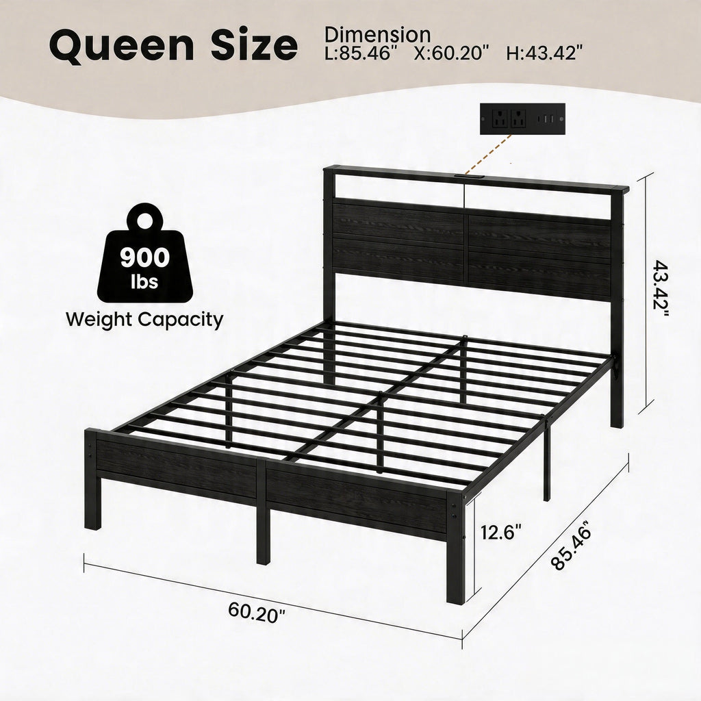 Dayago Queen Bed Frames with Charging Station and LED Lights, Queen Size Wood Headboard Platform Bed with Metal Slats, No Box Spring Needed and Noise Free, Black Oak