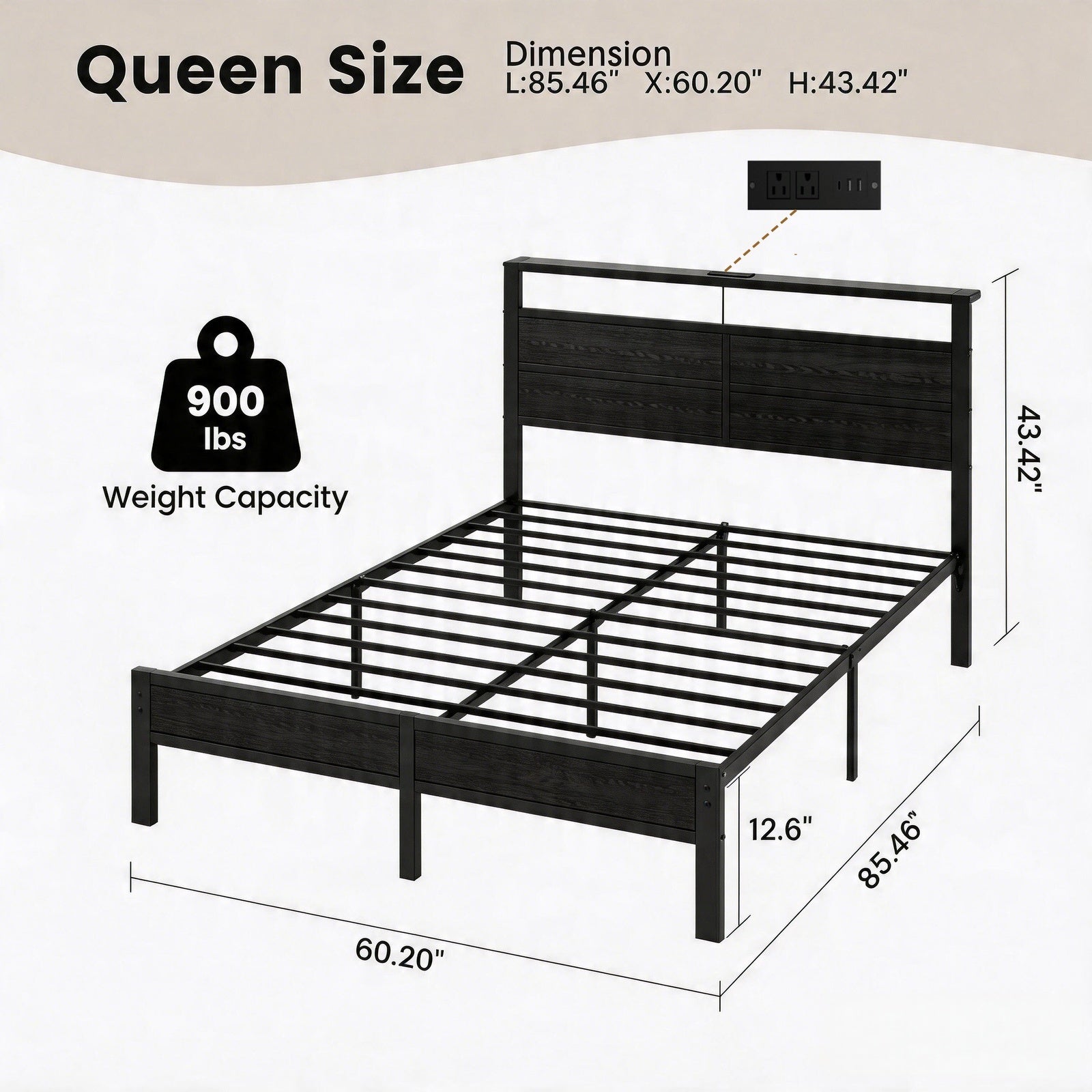 Dayago Queen Bed Frames with Charging Station and LED Lights, Queen Size Wood Headboard Platform Bed with Metal Slats, No Box Spring Needed and Noise Free, Black Oak