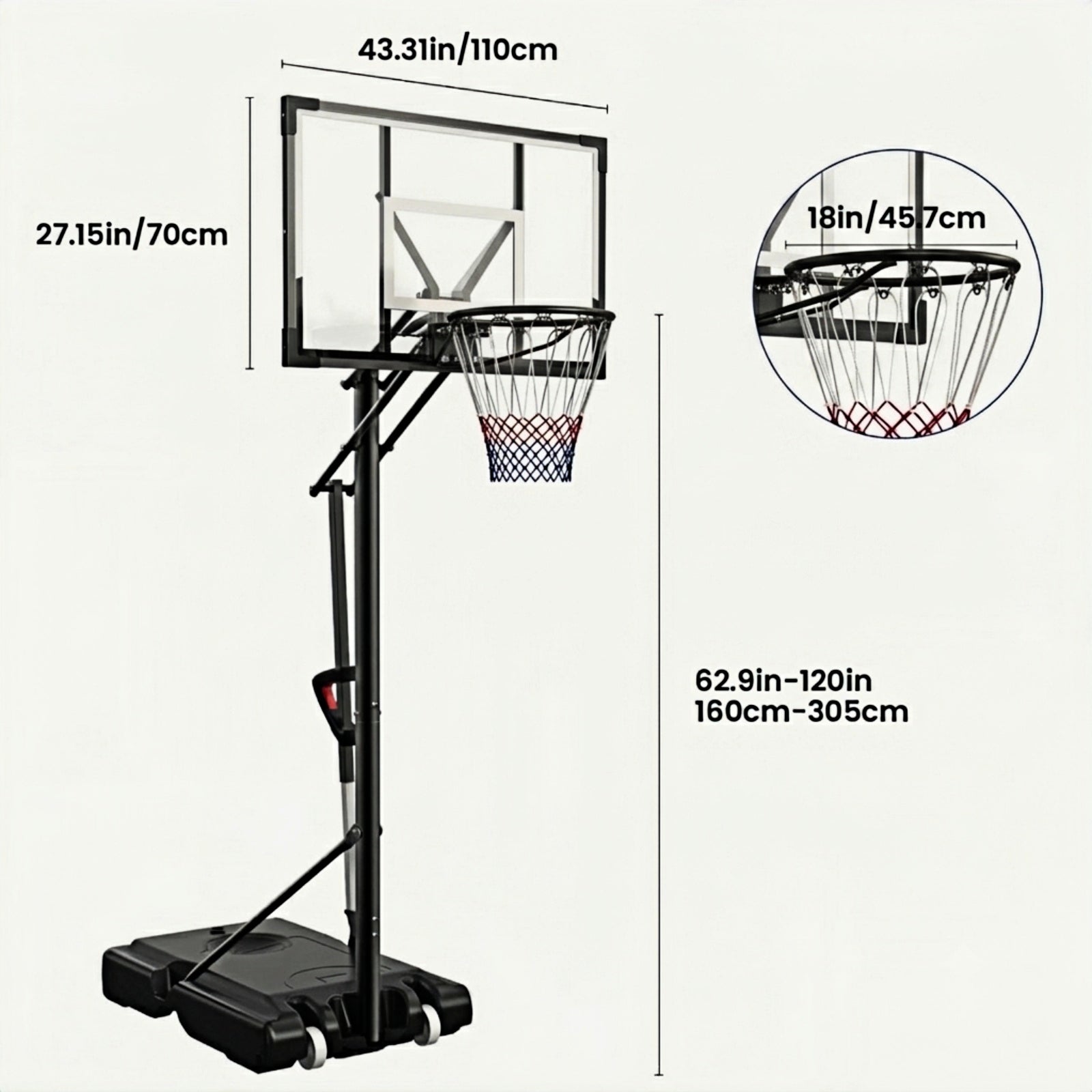 Bexfil 44'' Portable Adjustable Basketball Goal Hoop Stand System, 5.3-10 FT Adjustable with Weight Bag Wheels Outdoor