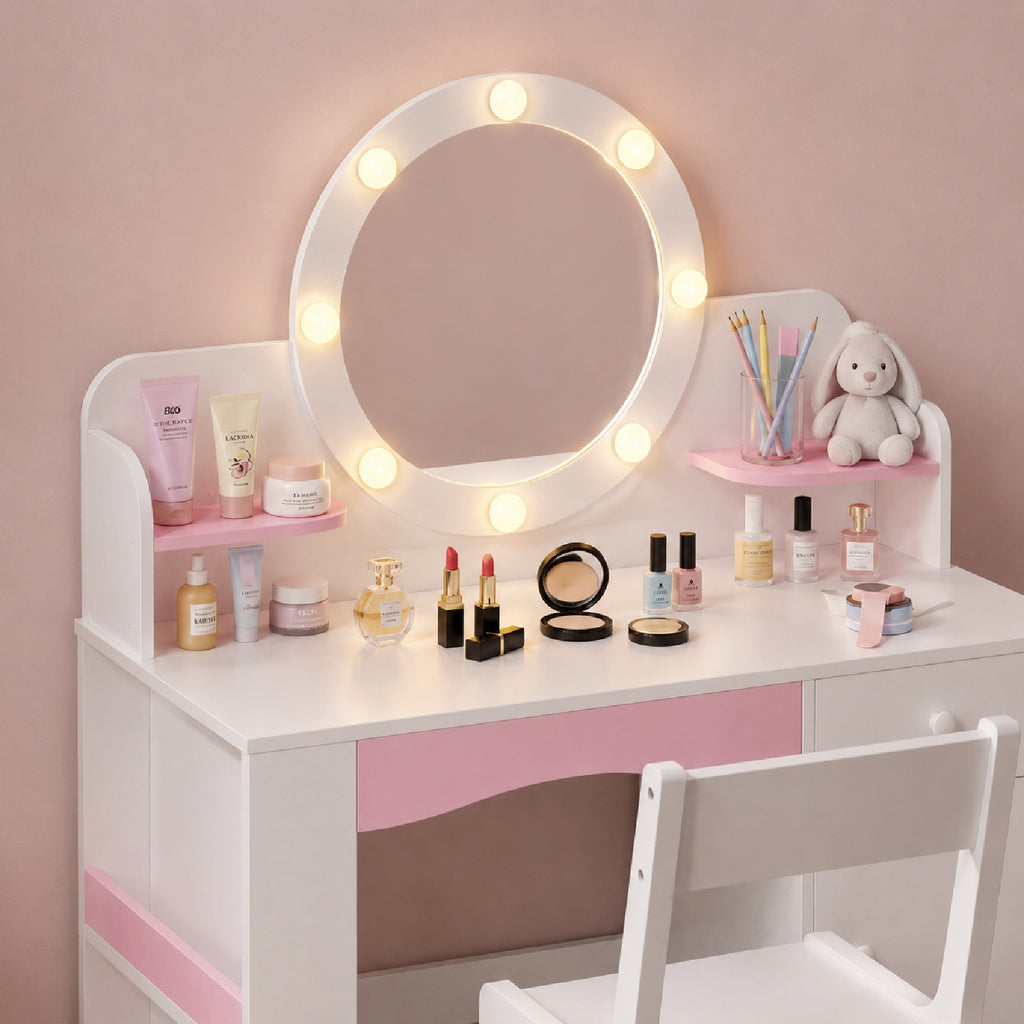 Bexfil Kids Vanity with Lights, Princess Vanity Table and Chair Set for Girls, Toddler Makeup Desk with Open Storage Shelves, for Bedroom, Children's Study