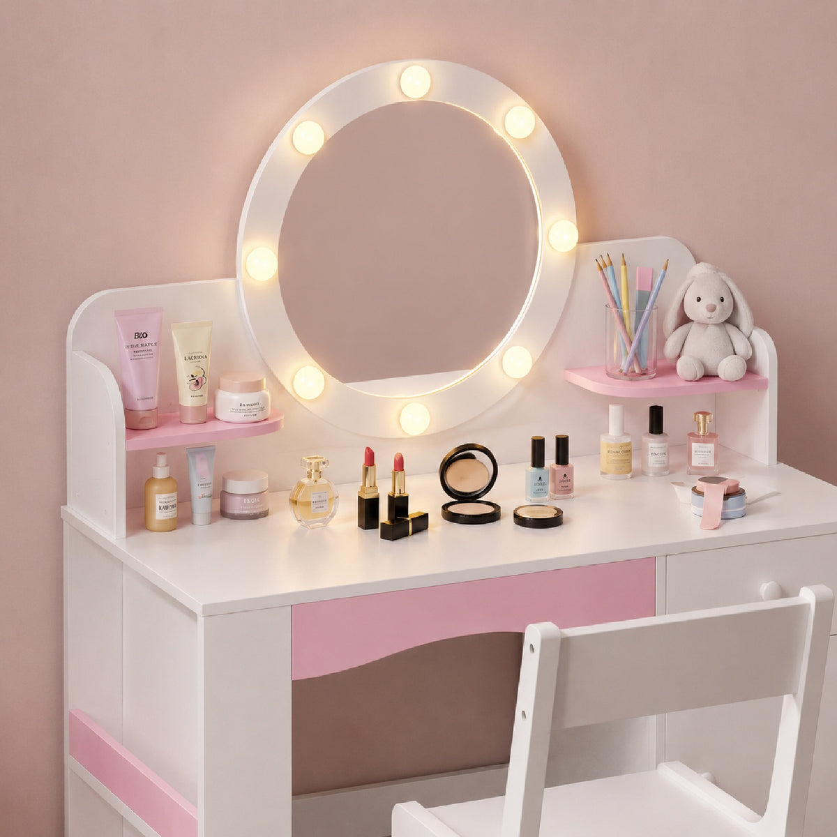 Bexfil Kids Vanity with Lights, Princess Vanity Table and Chair Set for Girls, Toddler Makeup Desk with Open Storage Shelves, for Bedroom, Children's Study