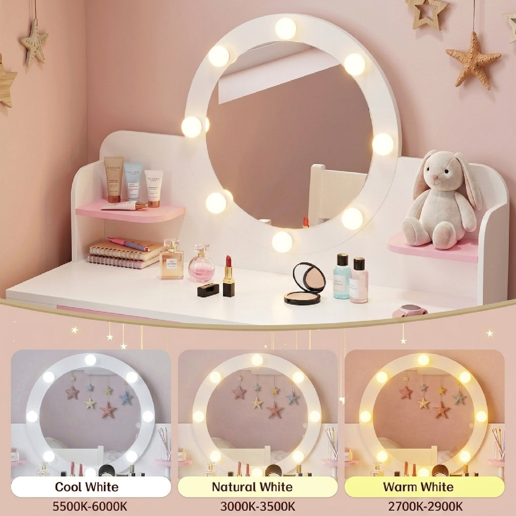 Bexfil Kids Vanity with Lights, Princess Vanity Table and Chair Set for Girls, Toddler Makeup Desk with Open Storage Shelves, for Bedroom, Children's Study