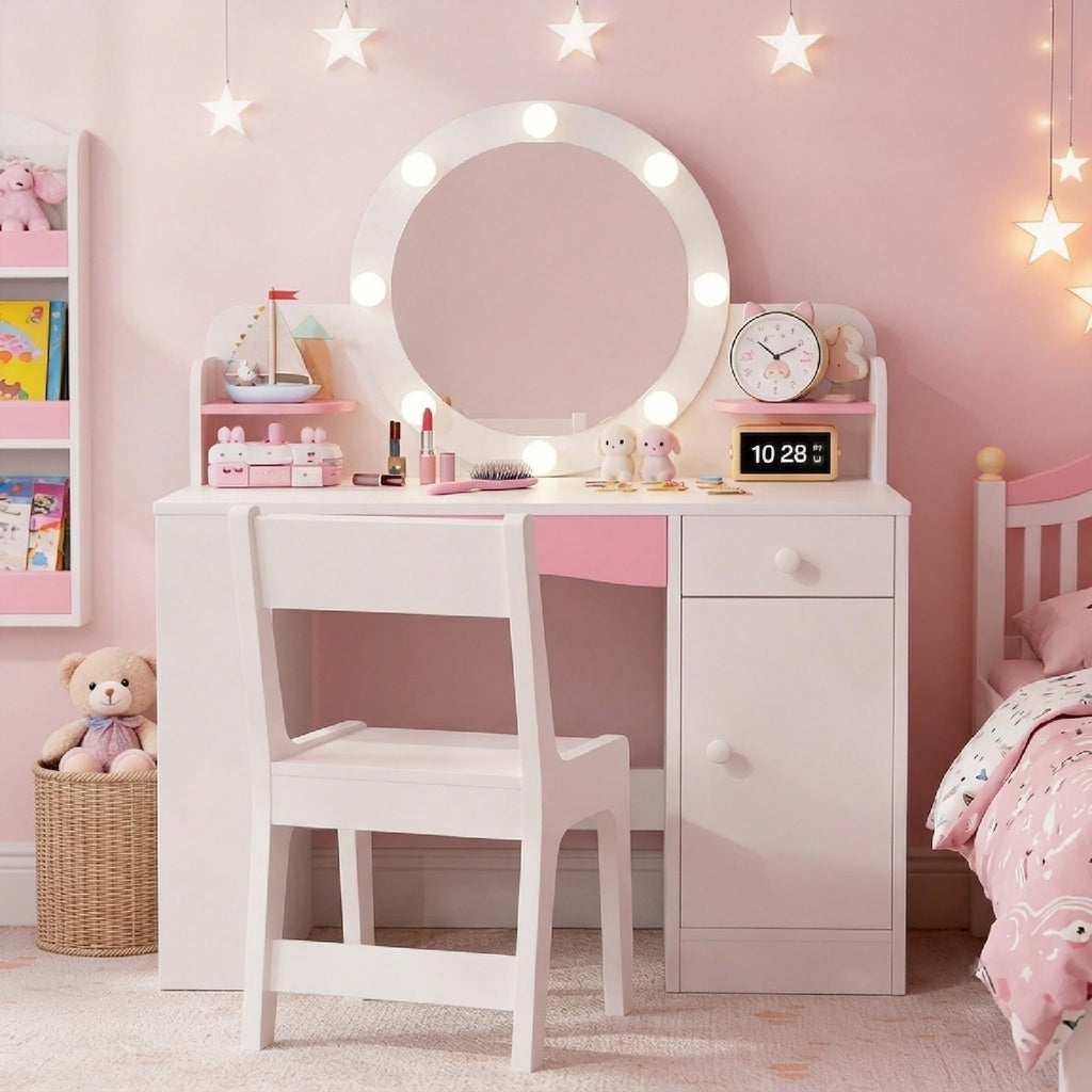 Bexfil Kids Vanity with Lights, Princess Vanity Table and Chair Set for Girls, Toddler Makeup Desk with Open Storage Shelves, for Bedroom, Children's Study