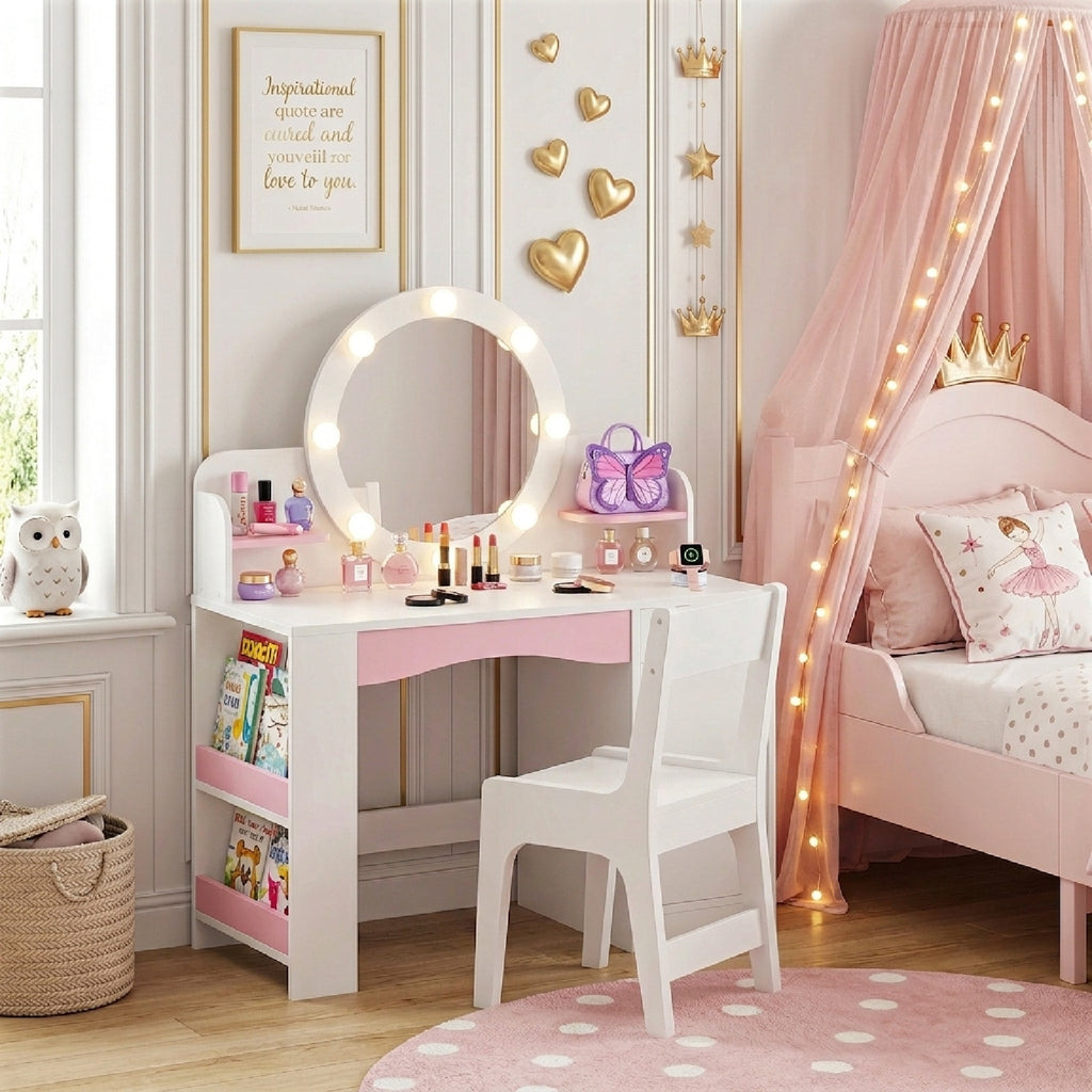 Bexfil Kids Vanity with Lights, Princess Vanity Table and Chair Set for Girls, Toddler Makeup Desk with Open Storage Shelves, for Bedroom, Children's Study