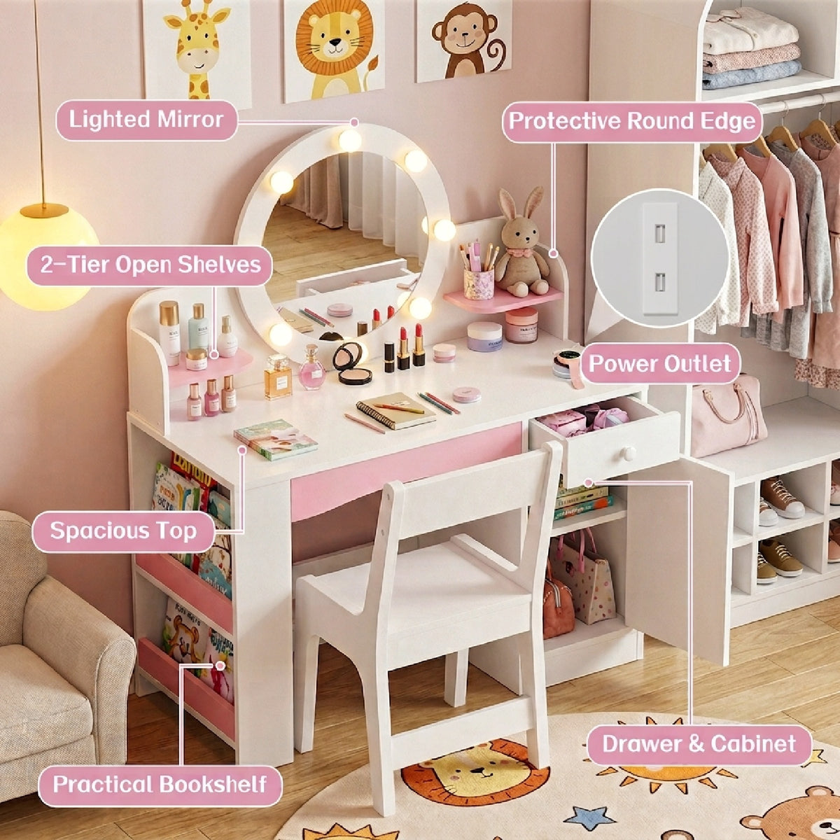 Bexfil Kids Vanity with Lights, Princess Vanity Table and Chair Set for Girls, Toddler Makeup Desk with Open Storage Shelves, for Bedroom, Children's Study