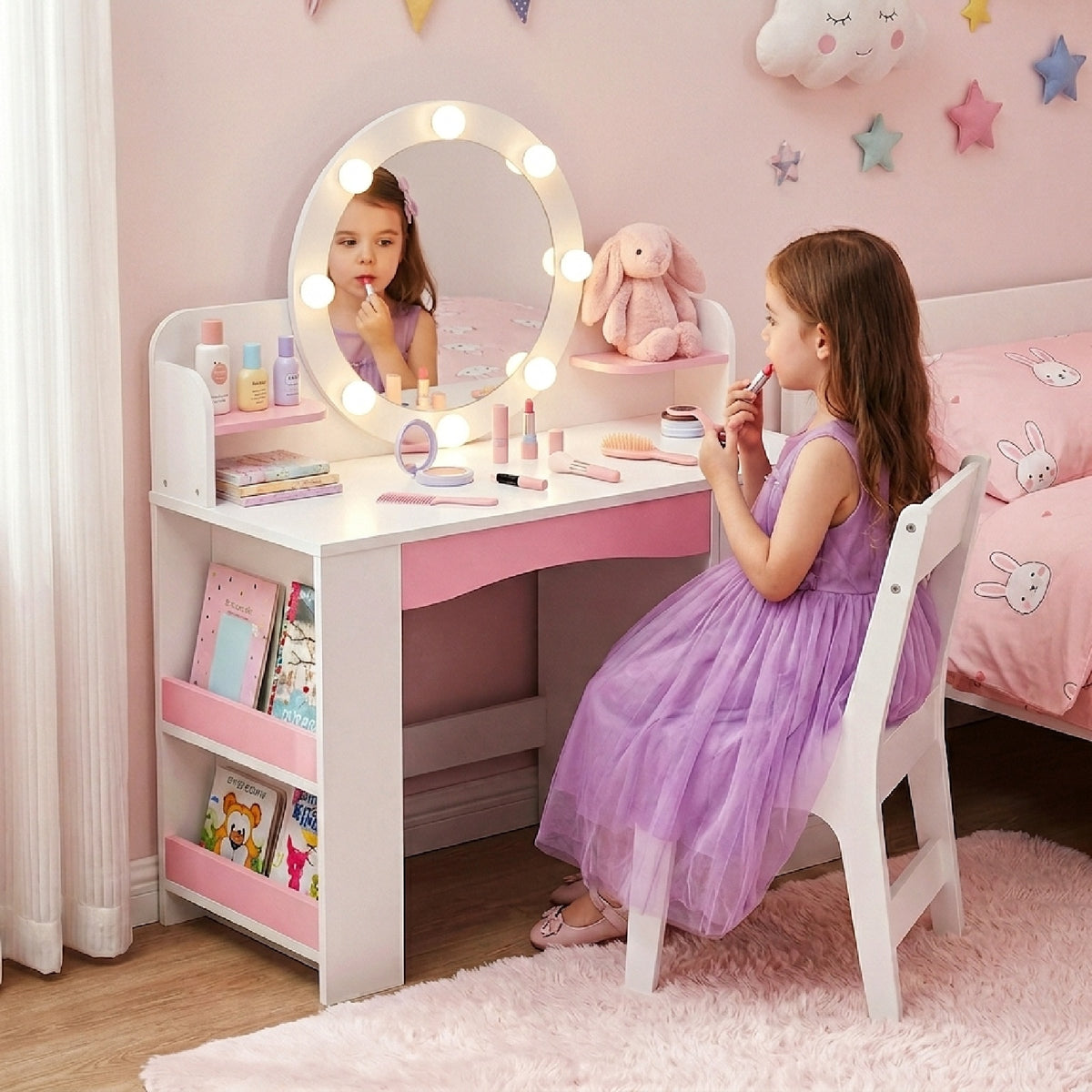 Bexfil Kids Vanity with Lights, Princess Vanity Table and Chair Set for Girls, Toddler Makeup Desk with Open Storage Shelves, for Bedroom, Children's Study
