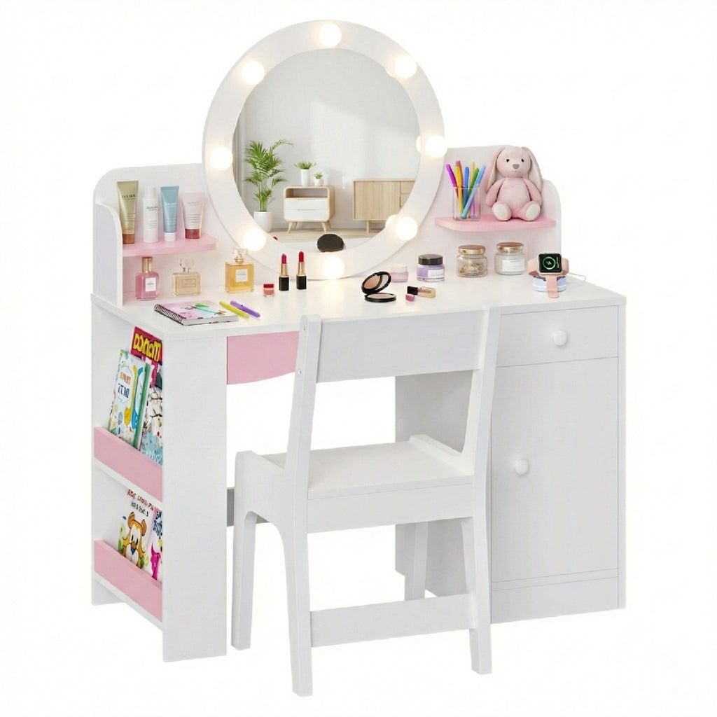 Bexfil Kids Vanity with Lights, Princess Vanity Table and Chair Set for Girls, Toddler Makeup Desk with Open Storage Shelves, for Bedroom, Children's Study