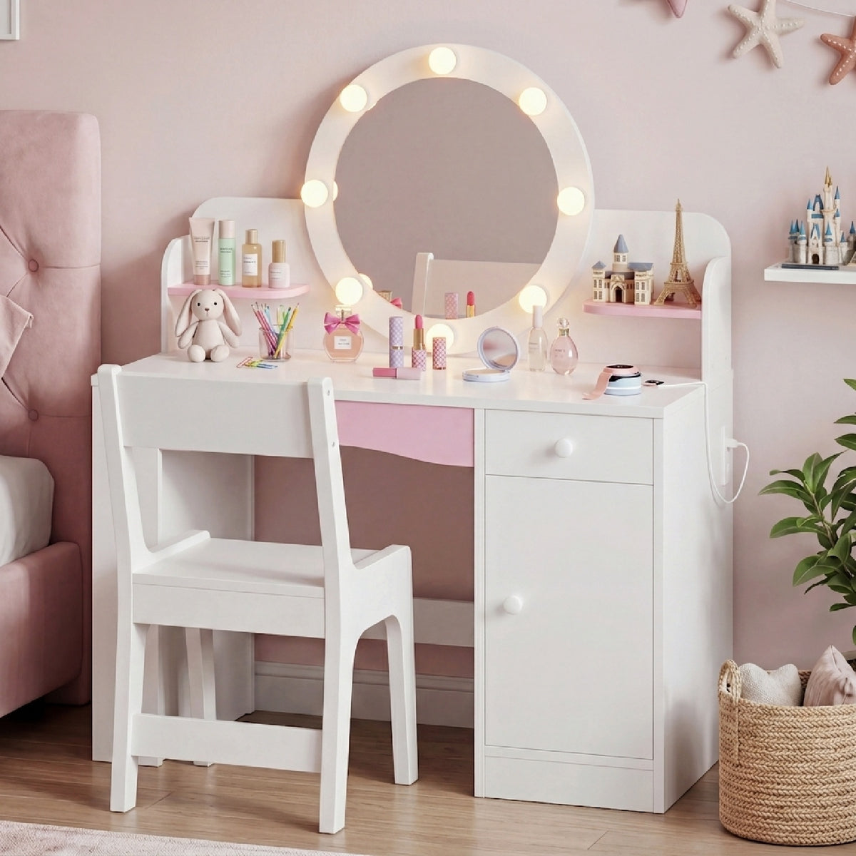 Bexfil Kids Vanity with Lights, Princess Vanity Table and Chair Set for Girls, Toddler Makeup Desk with Open Storage Shelves, for Bedroom, Children's Study