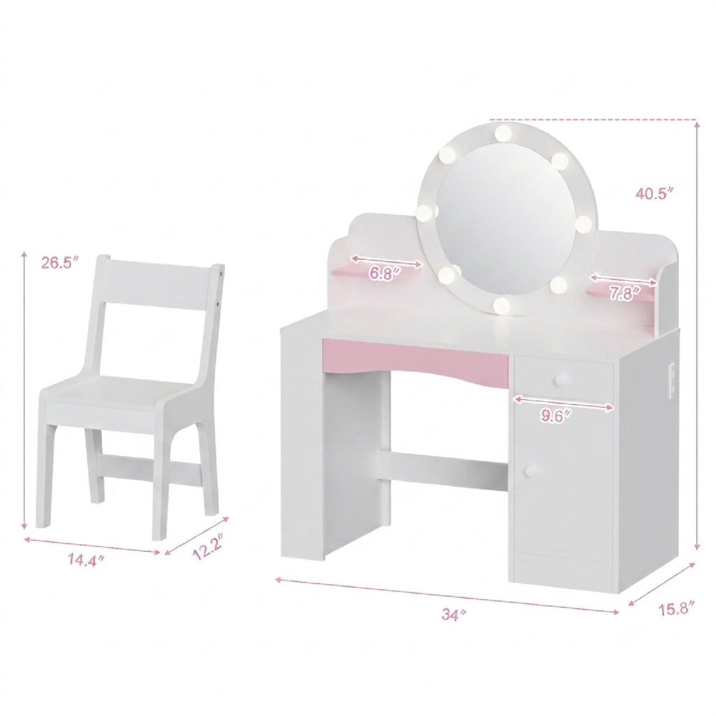 Bexfil Kids Vanity with Lights, Princess Vanity Table and Chair Set for Girls, Toddler Makeup Desk with Open Storage Shelves, for Bedroom, Children's Study